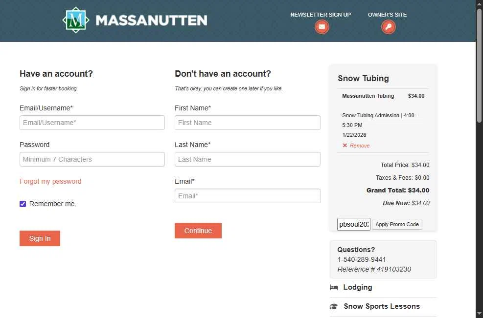 Massanutten Resort checkout page showing Massanutten Resort promo code box | Screenshot taken by SimplyCodes community member on Jan 4, 2026