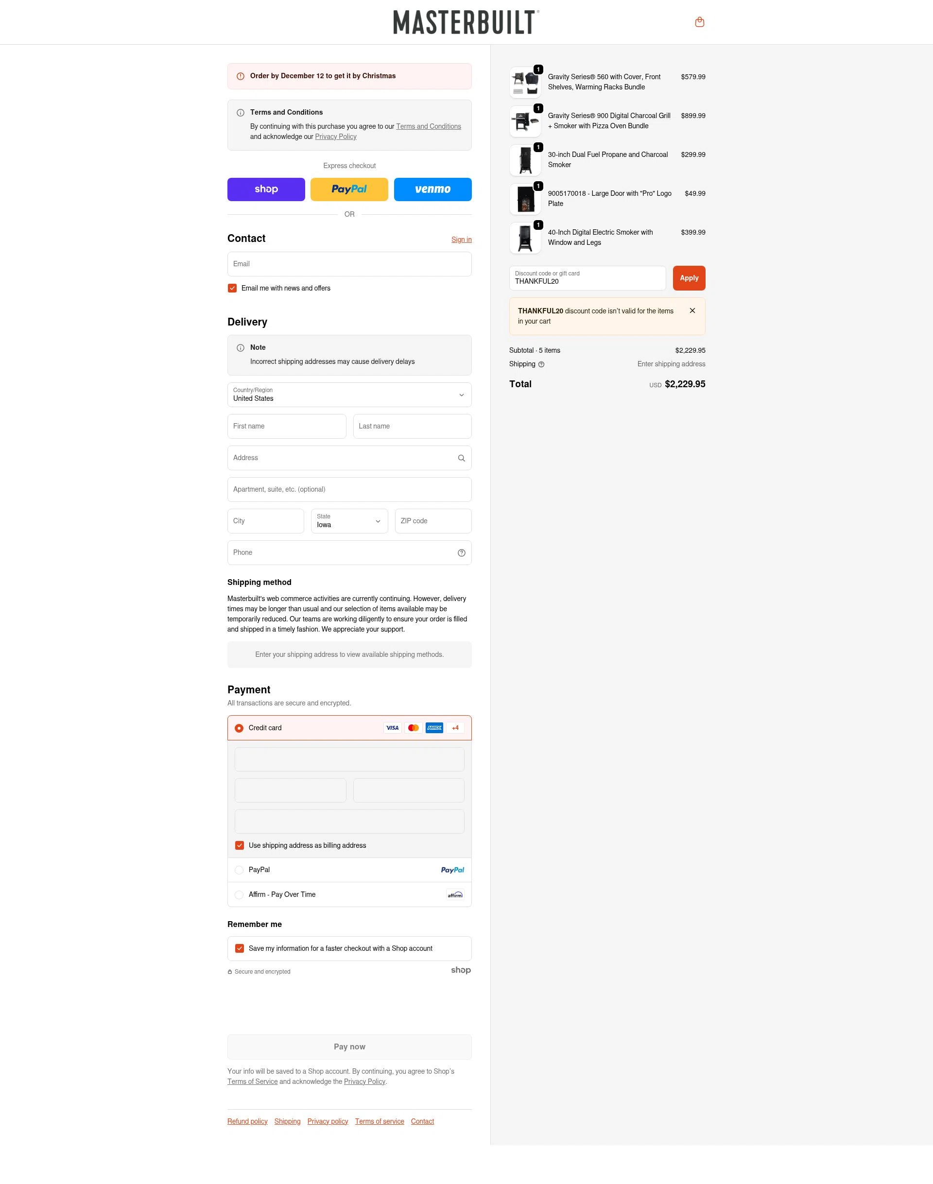 Masterbuilt checkout page showing Masterbuilt discount code box | Screenshot taken by SimplyCodes community member on Dec 9, 2025