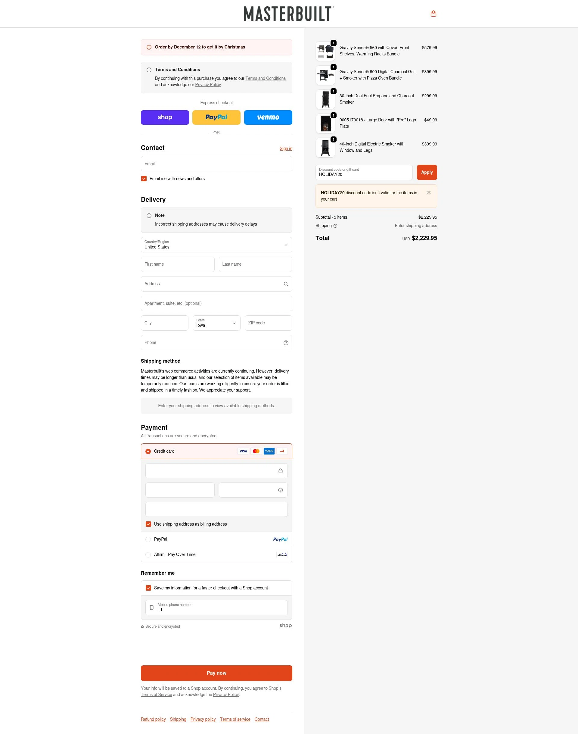 Masterbuilt checkout page showing Masterbuilt discount code box | Screenshot taken by SimplyCodes community member on Dec 3, 2025