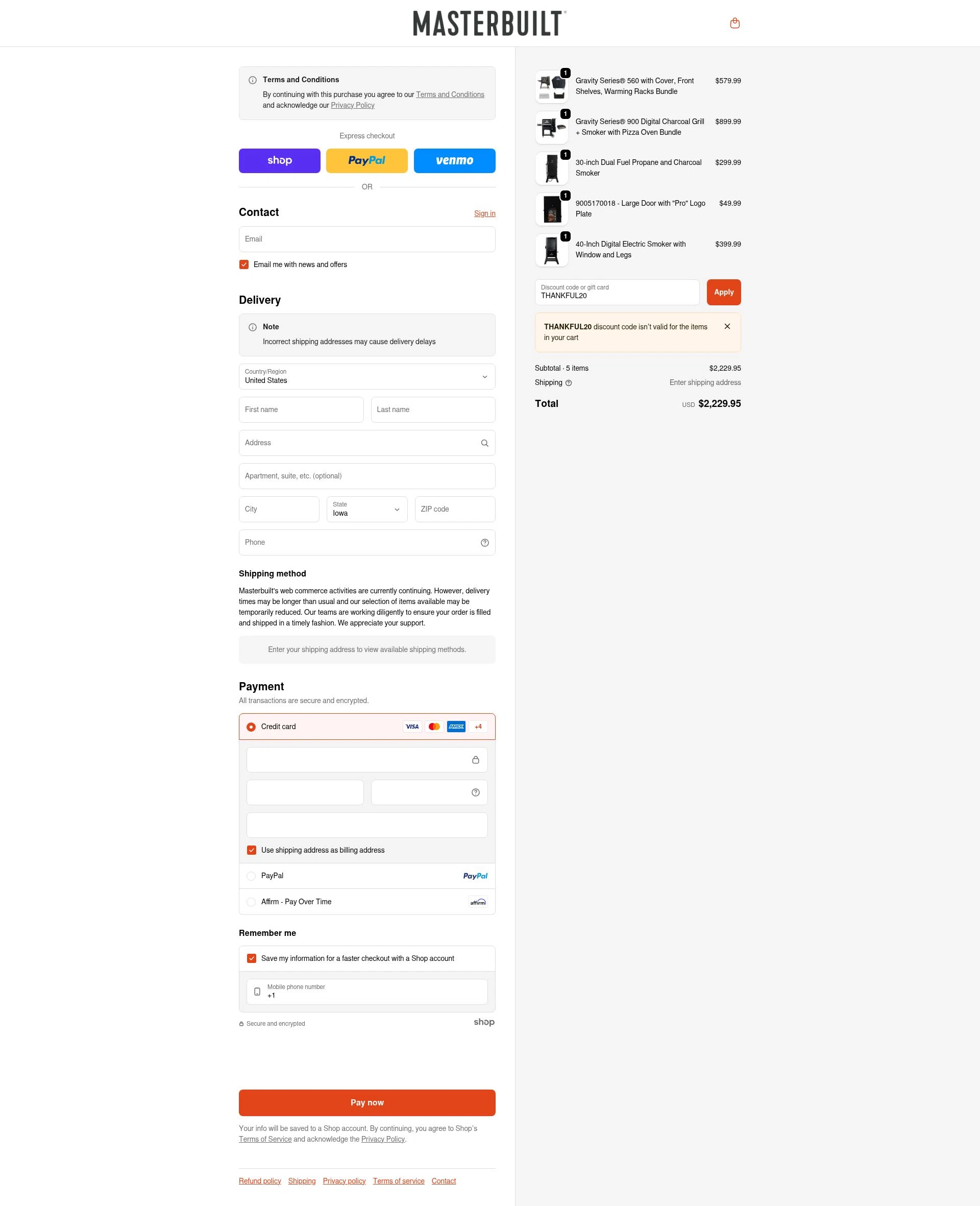 Masterbuilt checkout page showing Masterbuilt discount code box | Screenshot taken by SimplyCodes community member on Nov 23, 2025