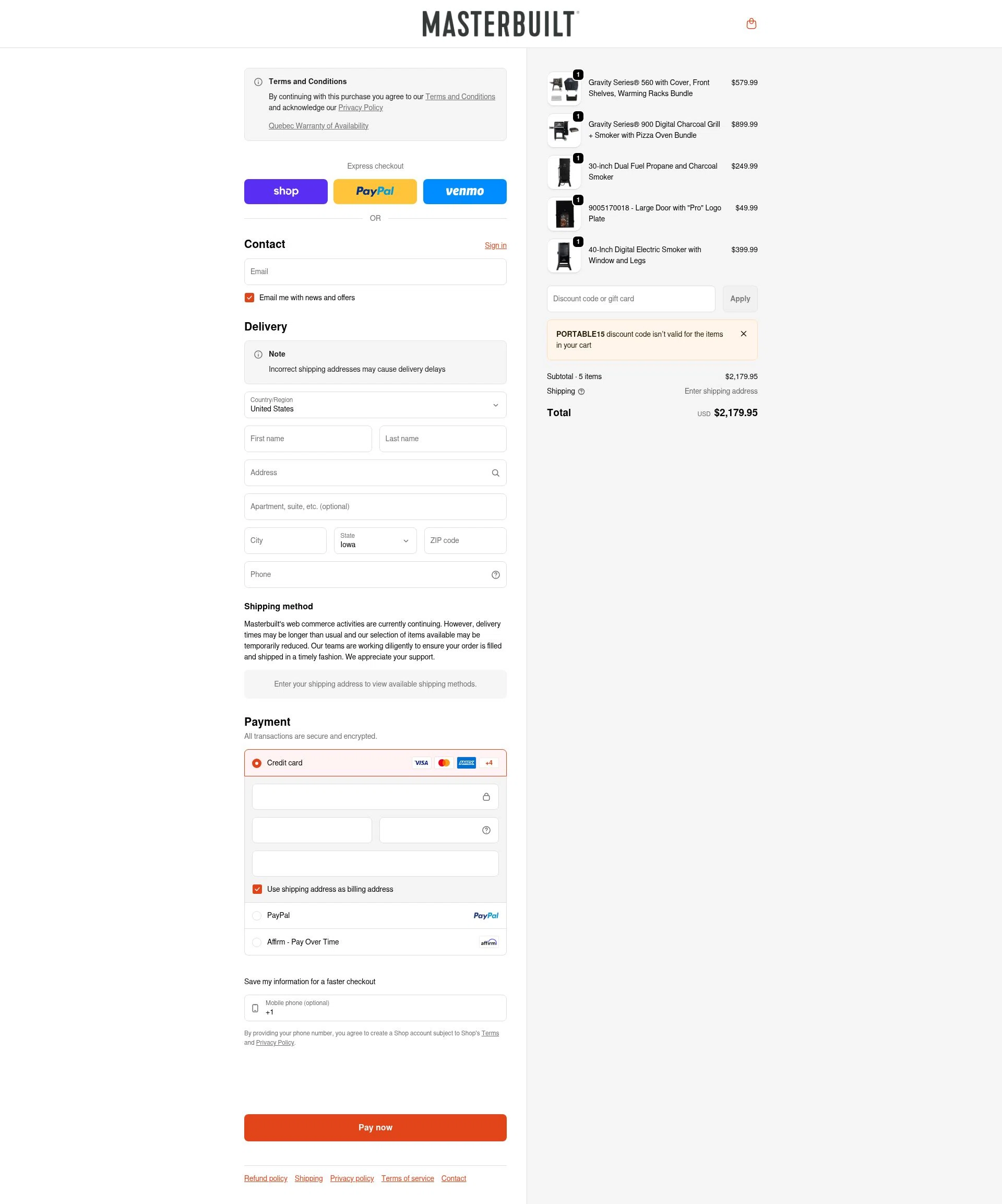 Masterbuilt checkout page showing Masterbuilt discount code box | Screenshot taken by SimplyCodes community member on Jan 16, 2026