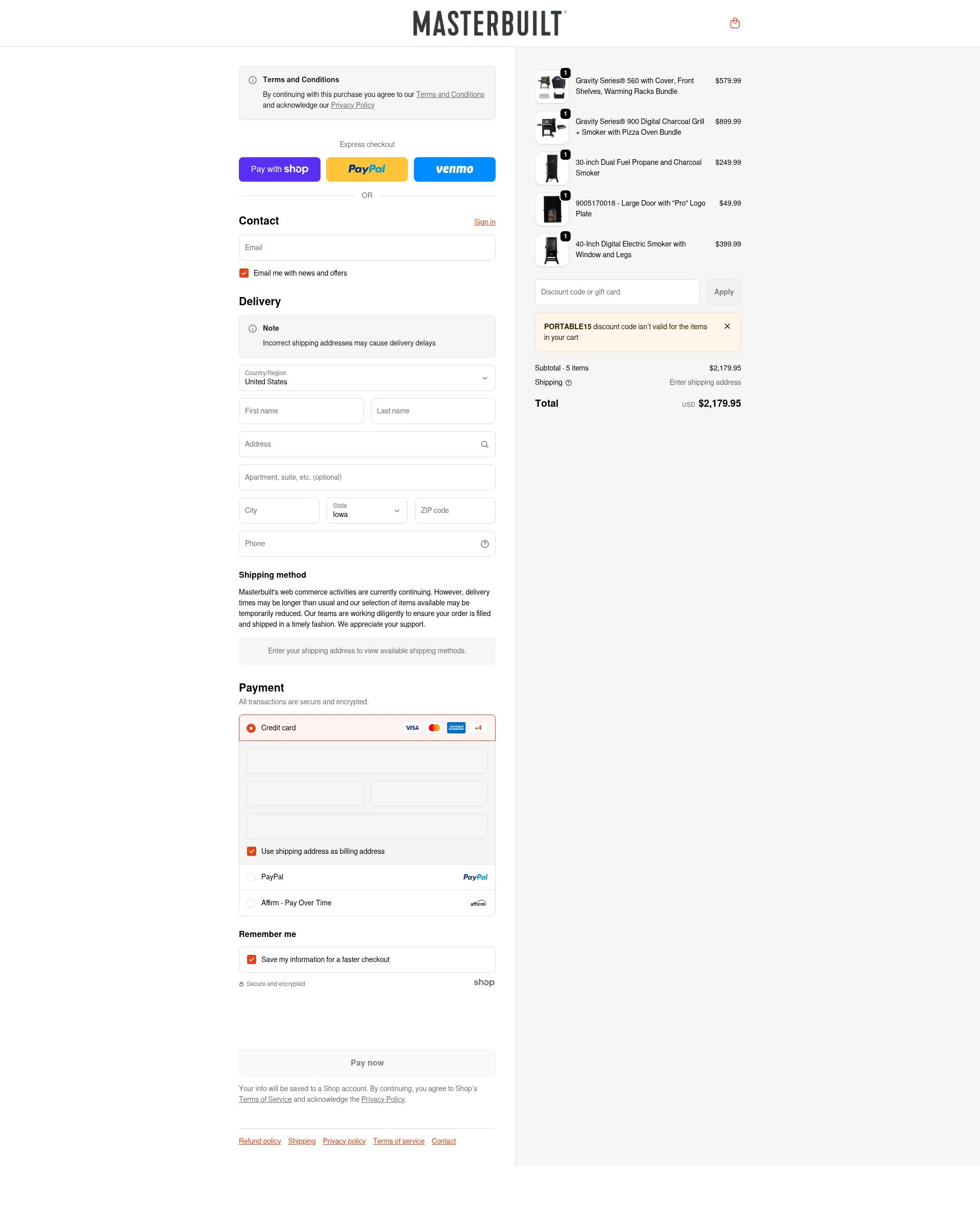 Masterbuilt checkout page showing Masterbuilt discount code box | Screenshot taken by SimplyCodes community member on Jan 11, 2026