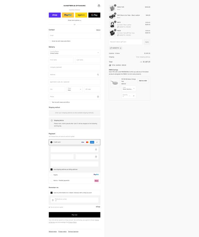 Master & Dynamic checkout page showing Master & Dynamic promo code box | Screenshot taken by SimplyCodes community member on Sep 12, 2025