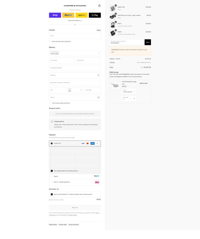 Master & Dynamic checkout page showing Master & Dynamic promo code box | Screenshot taken by SimplyCodes community member on Sep 12, 2025