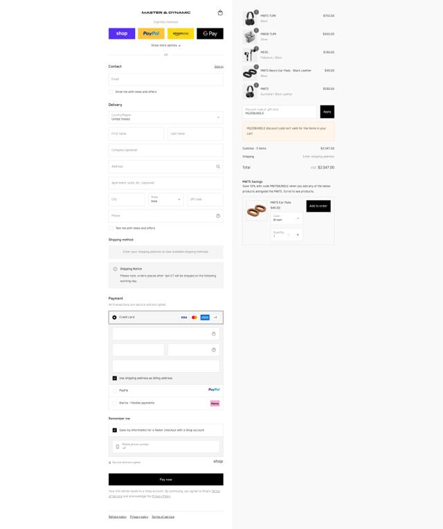 Master & Dynamic checkout page showing Master & Dynamic promo code box | Screenshot taken by SimplyCodes community member on Sep 16, 2025