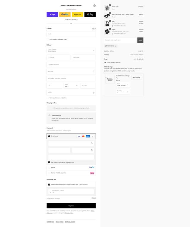 Master & Dynamic checkout page showing Master & Dynamic promo code box | Screenshot taken by SimplyCodes community member on Sep 12, 2025