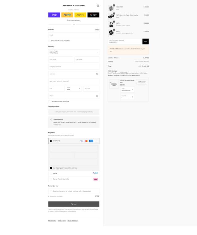 Master & Dynamic checkout page showing Master & Dynamic promo code box | Screenshot taken by SimplyCodes community member on Sep 12, 2025