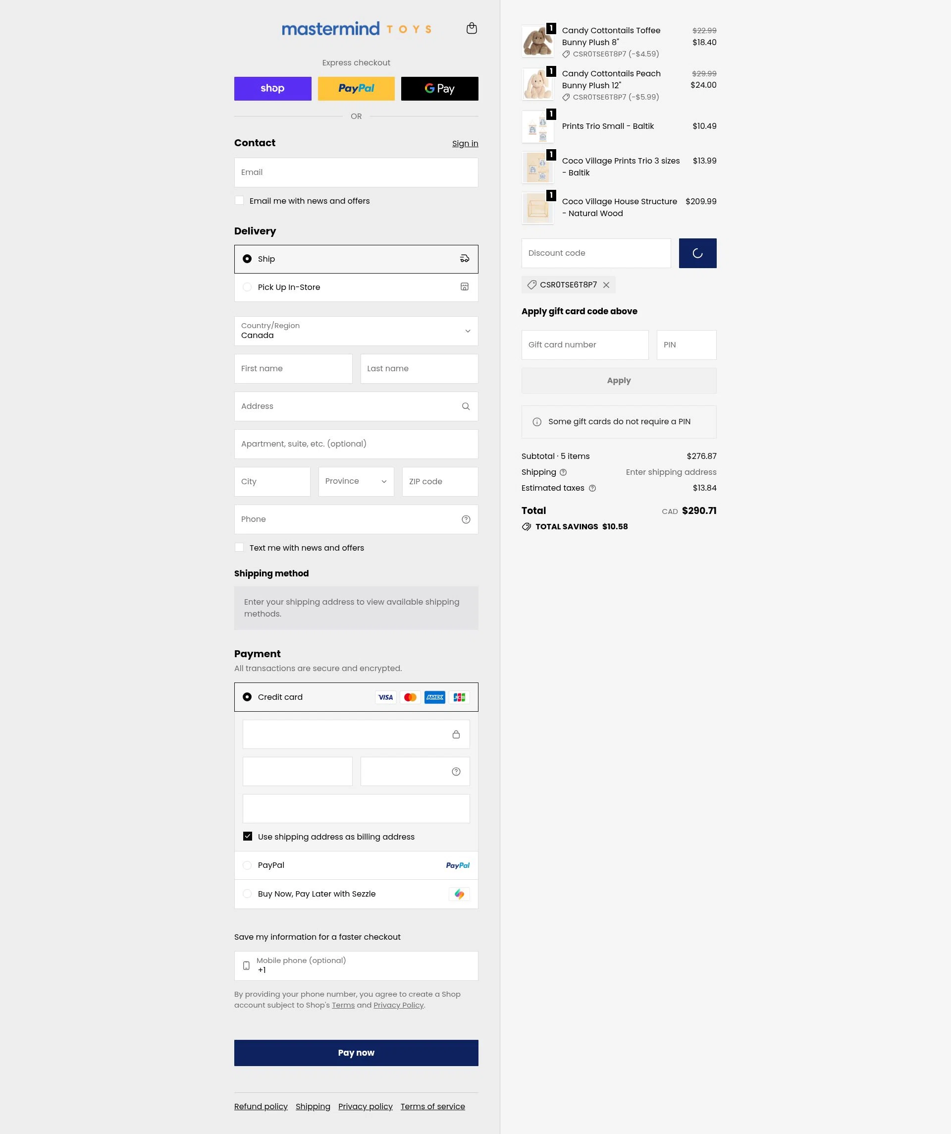 Mastermind Toys checkout page showing Mastermind Toys promo code box | Screenshot taken by SimplyCodes community member on Jan 31, 2026