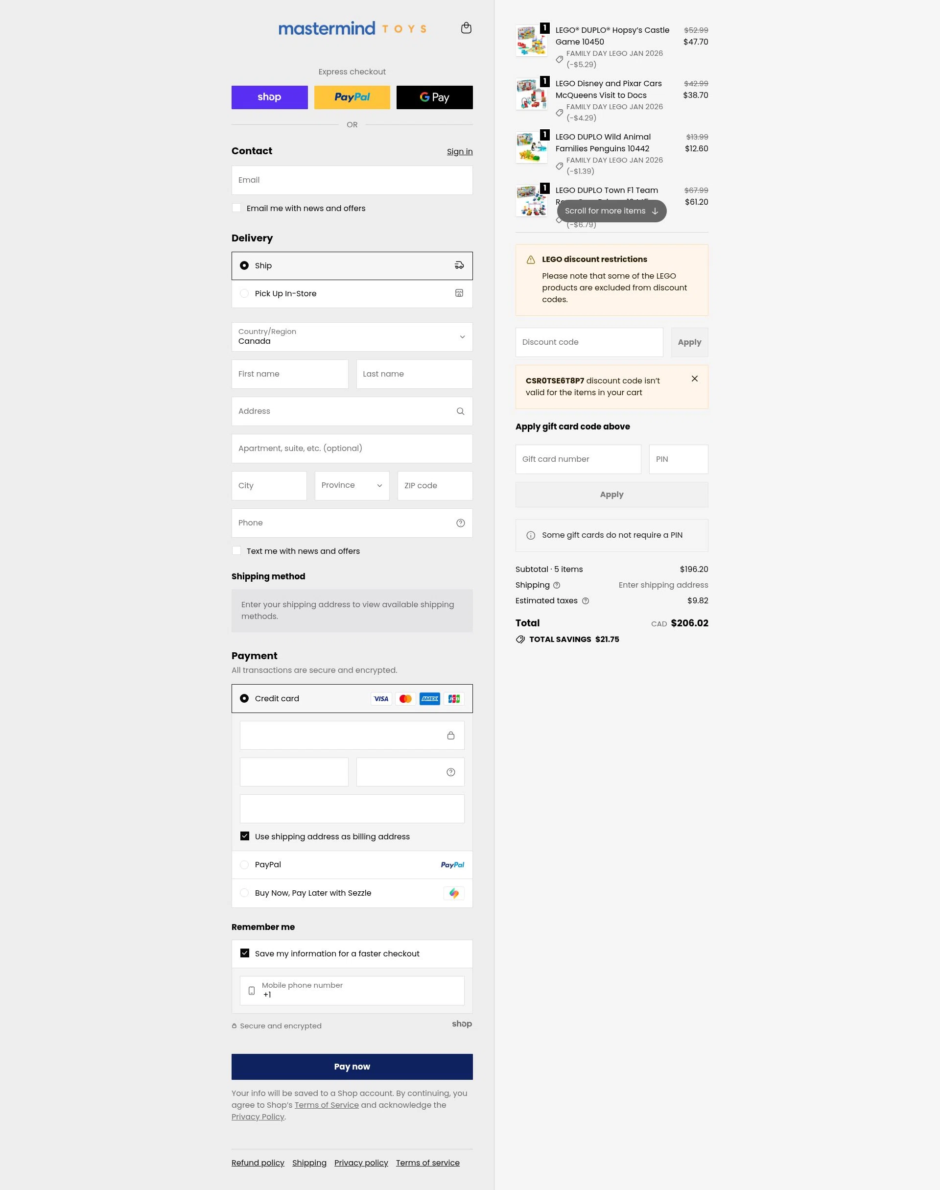 Mastermind Toys checkout page showing Mastermind Toys promo code box | Screenshot taken by SimplyCodes community member on Jan 22, 2026