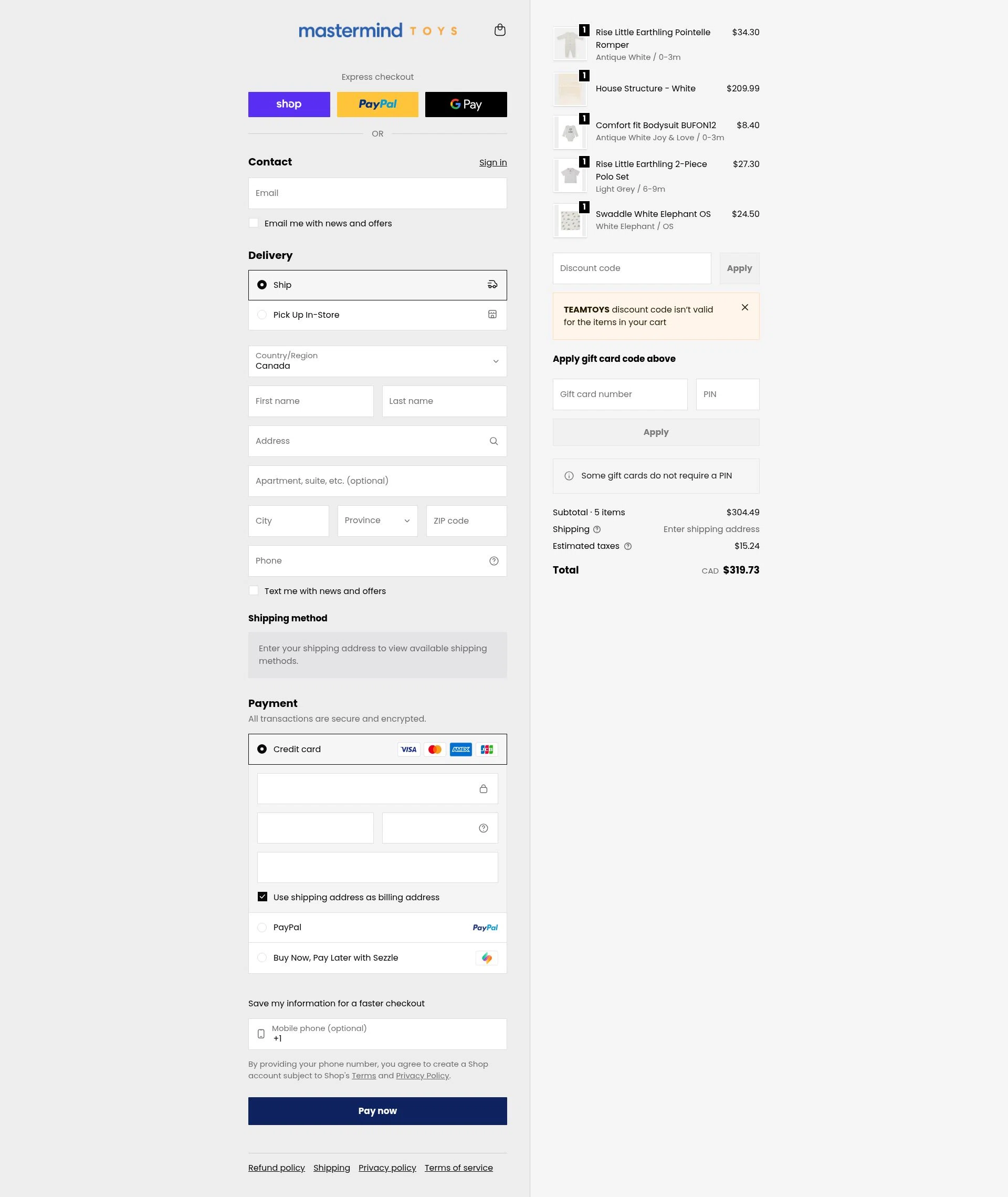 Mastermind Toys checkout page showing Mastermind Toys promo code box | Screenshot taken by SimplyCodes community member on Jan 17, 2026