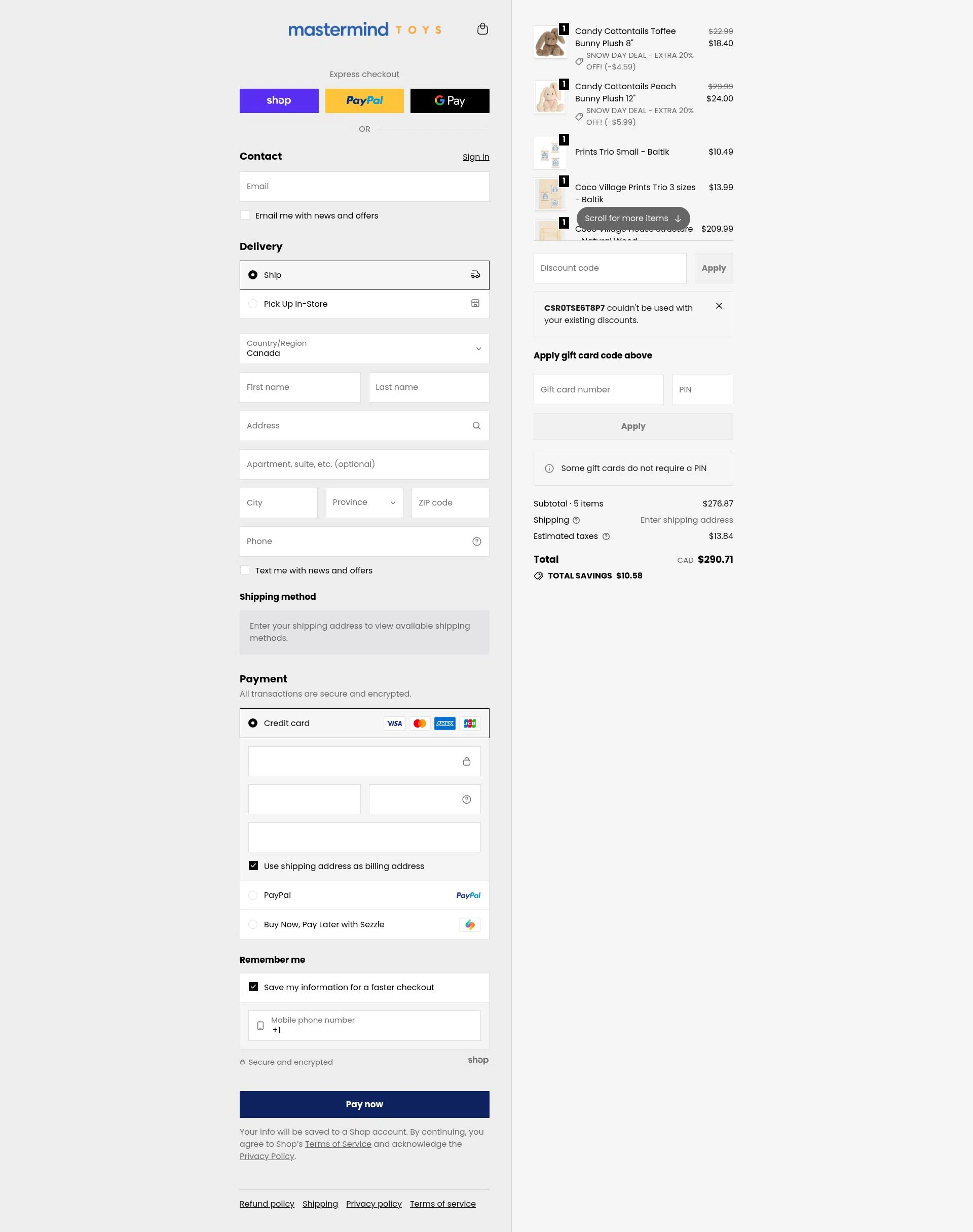 Mastermind Toys checkout page showing Mastermind Toys promo code box | Screenshot taken by SimplyCodes community member on Jan 26, 2026
