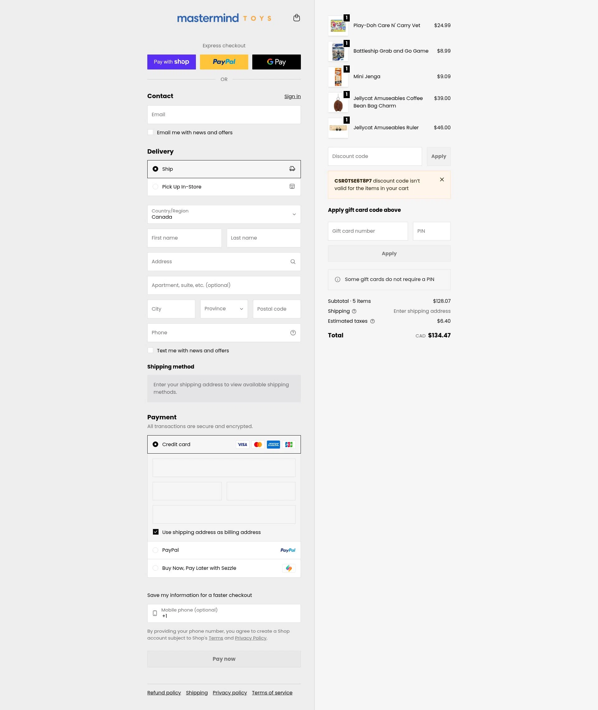 Mastermind Toys checkout page showing Mastermind Toys promo code box | Screenshot taken by SimplyCodes community member on Jan 12, 2026