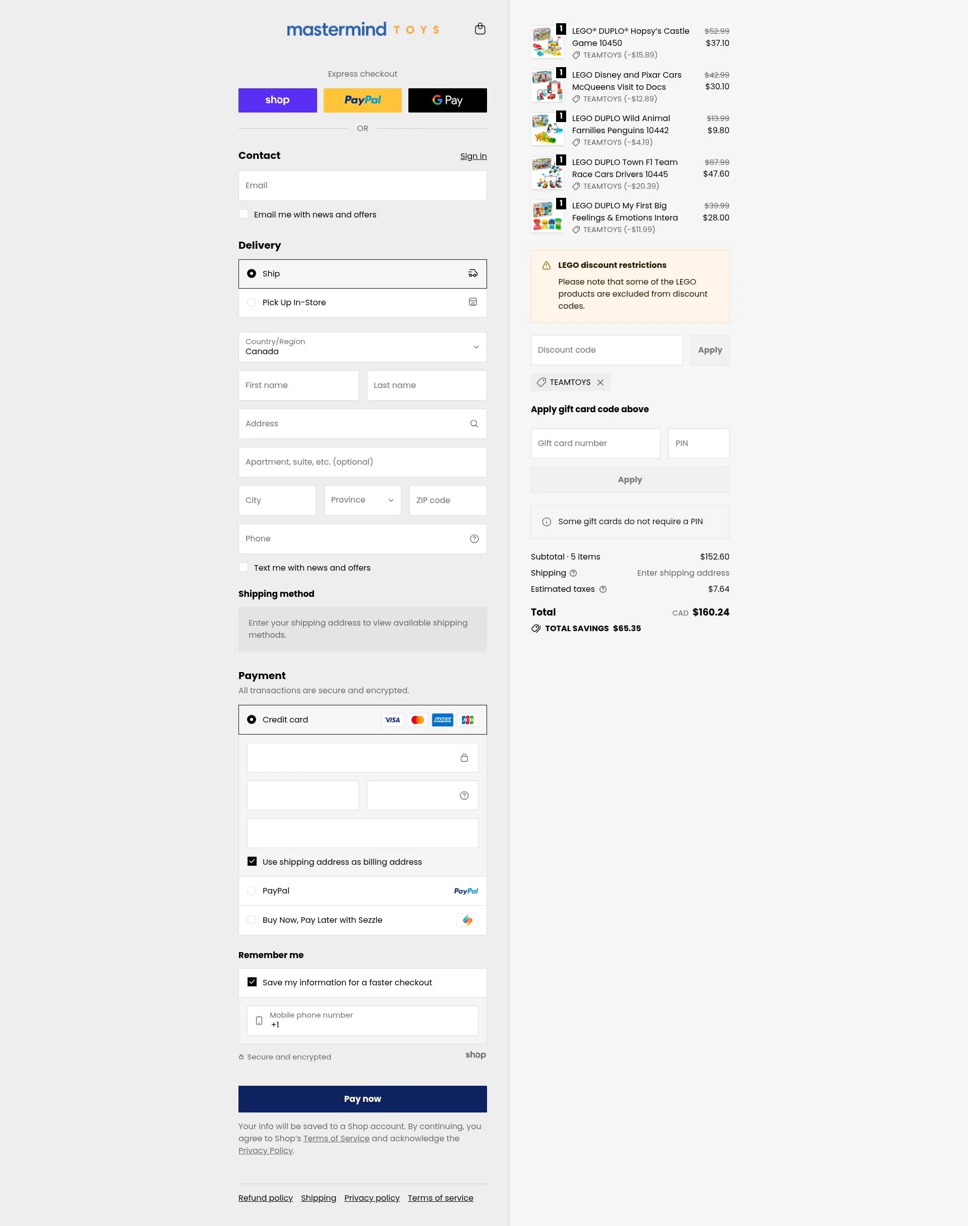 Mastermind Toys checkout page showing Mastermind Toys promo code box | Screenshot taken by SimplyCodes community member on Jan 22, 2026