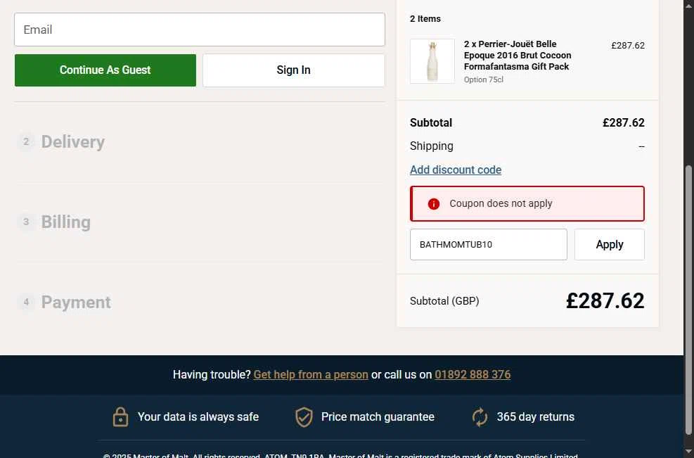 Master of Malt checkout page showing Master of Malt discount code box | Screenshot taken by SimplyCodes community member on Dec 26, 2025