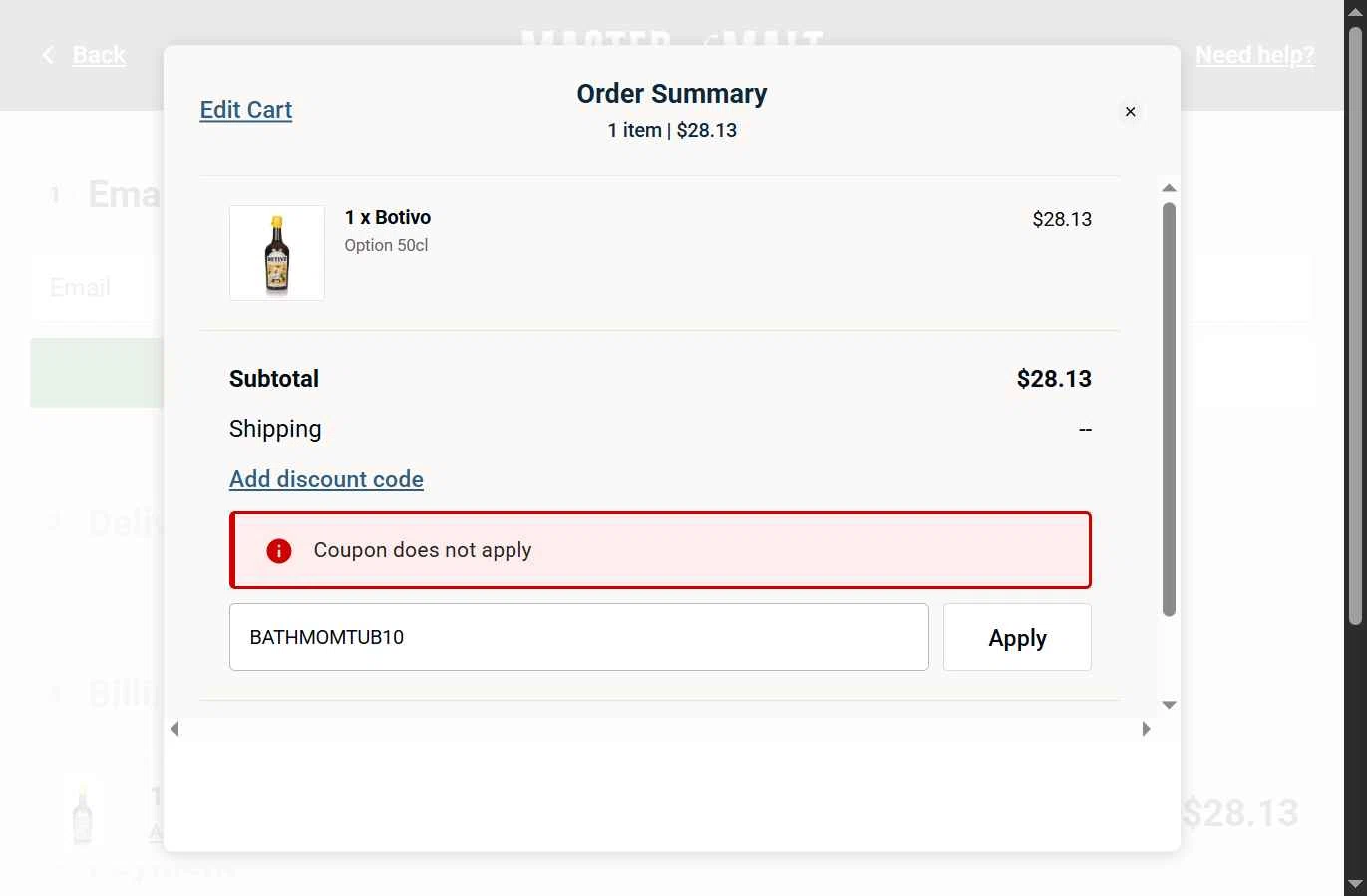Master of Malt checkout page showing Master of Malt discount code box | Screenshot taken by SimplyCodes community member on Jan 4, 2026