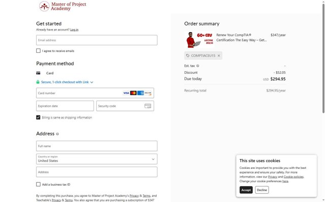 Master of Project Academy checkout page showing Master of Project Academy promo code box | Screenshot taken by SimplyCodes community member on Jul 12, 2025