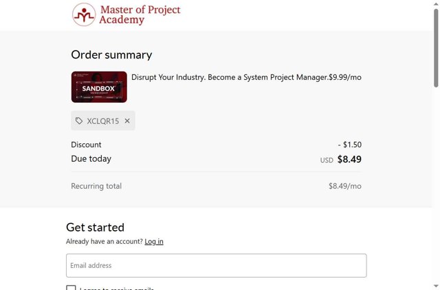 Master of Project Academy checkout page showing Master of Project Academy promo code box | Screenshot taken by SimplyCodes community member on Jul 12, 2025