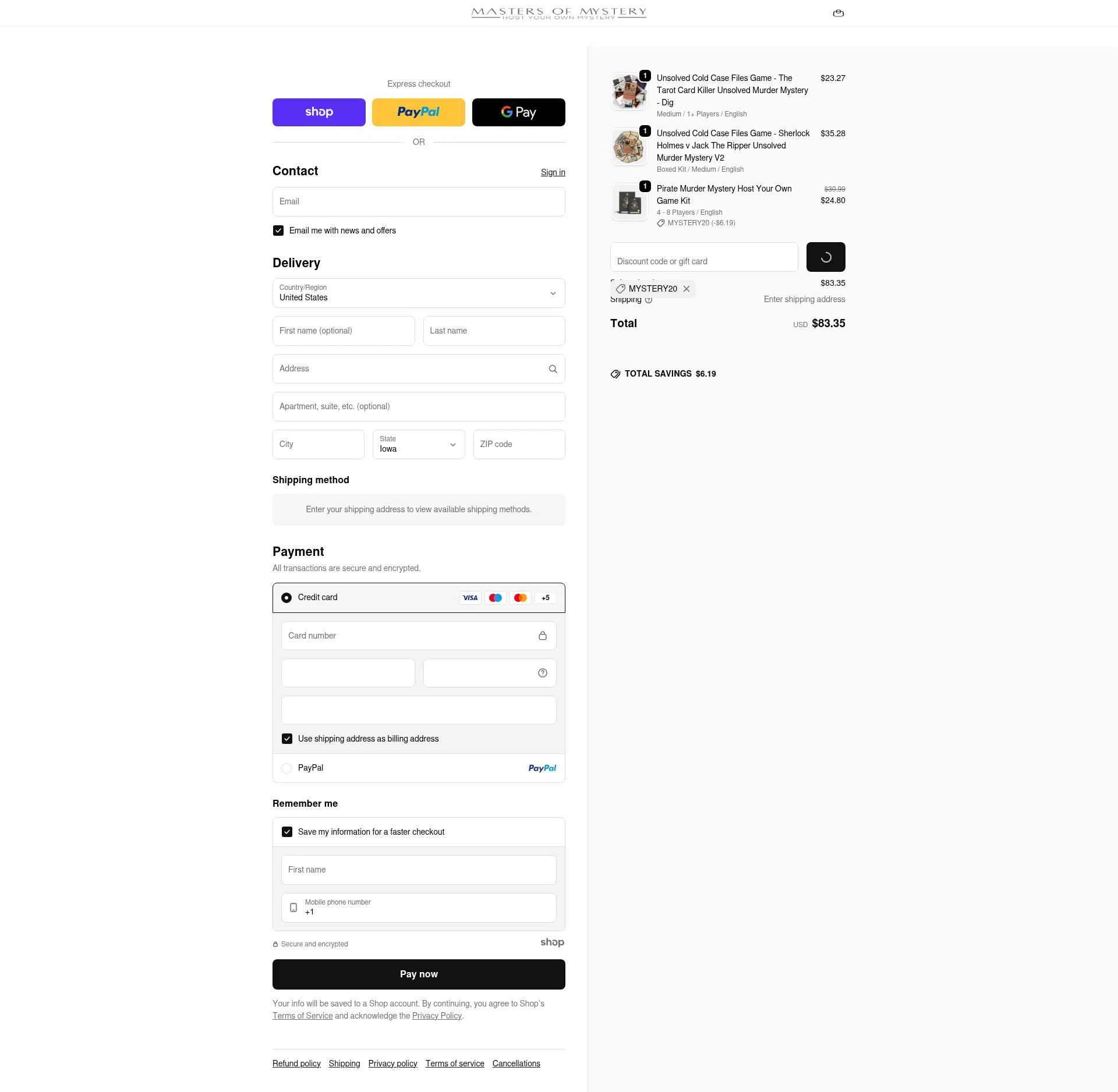 Masters of Mystery checkout page showing Masters of Mystery discount code box | Screenshot taken by SimplyCodes community member on Jan 8, 2026