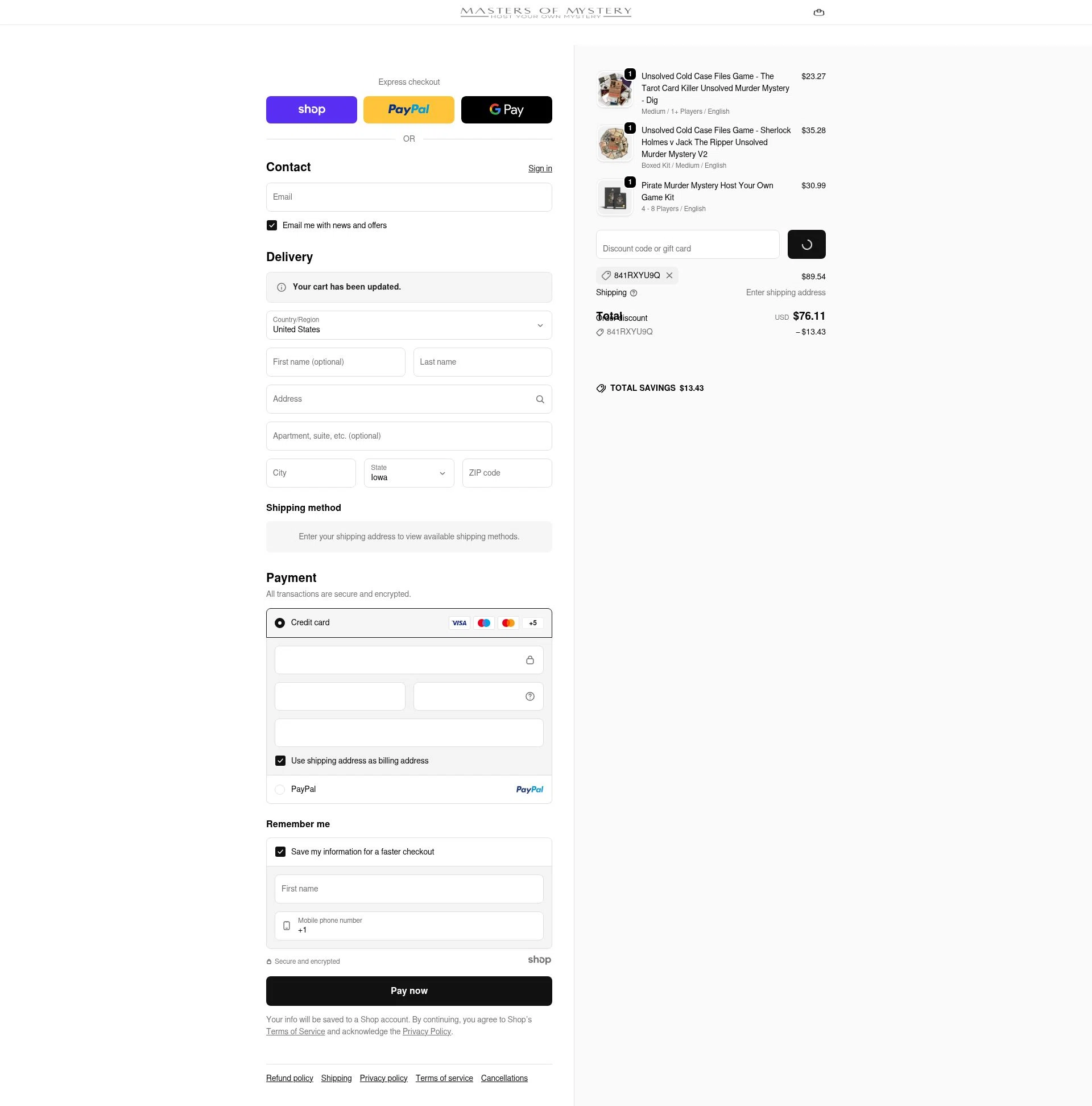 Masters of Mystery checkout page showing Masters of Mystery discount code box | Screenshot taken by SimplyCodes community member on Jan 8, 2026