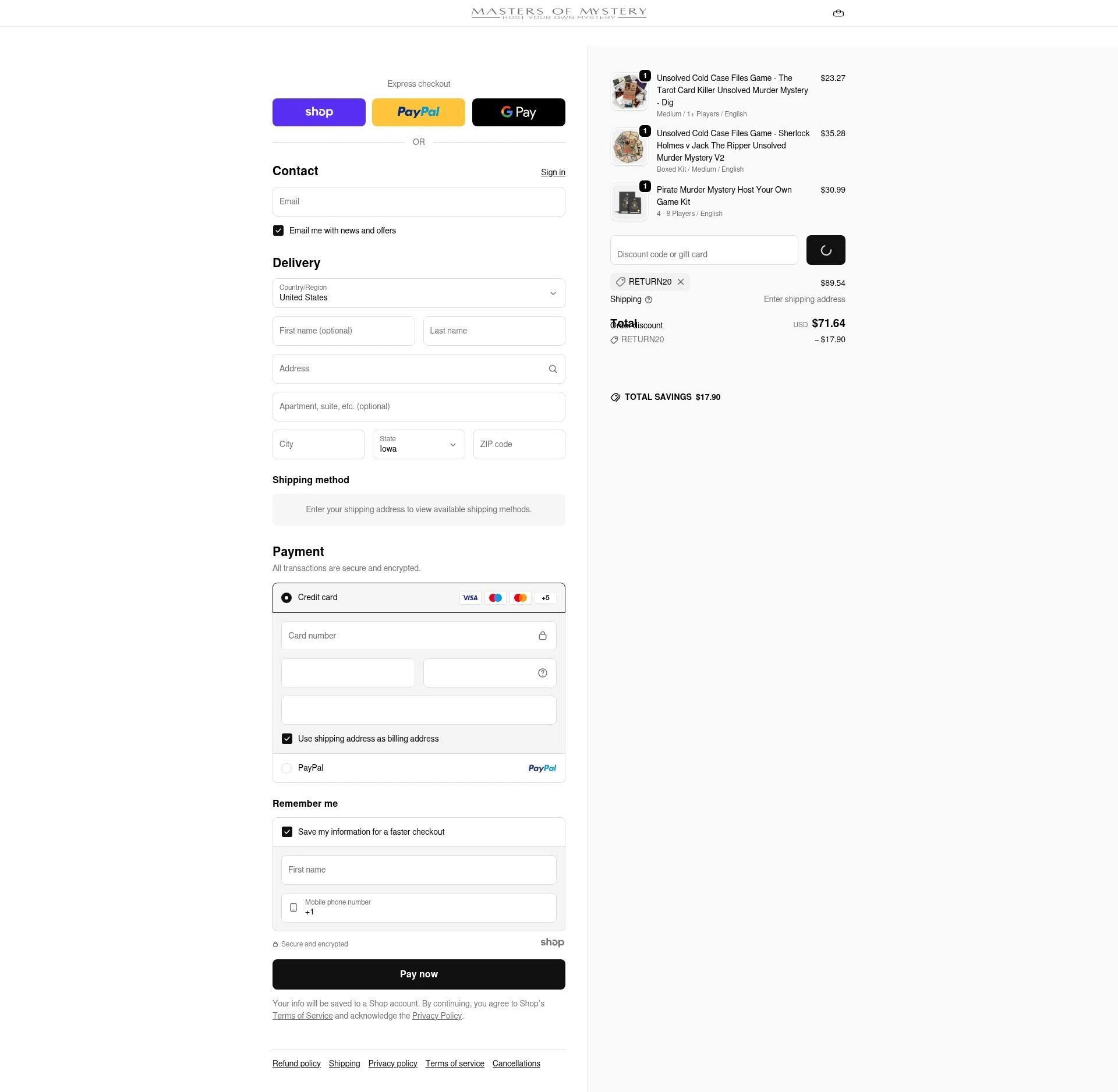 Masters of Mystery checkout page showing Masters of Mystery discount code box | Screenshot taken by SimplyCodes community member on Jan 8, 2026