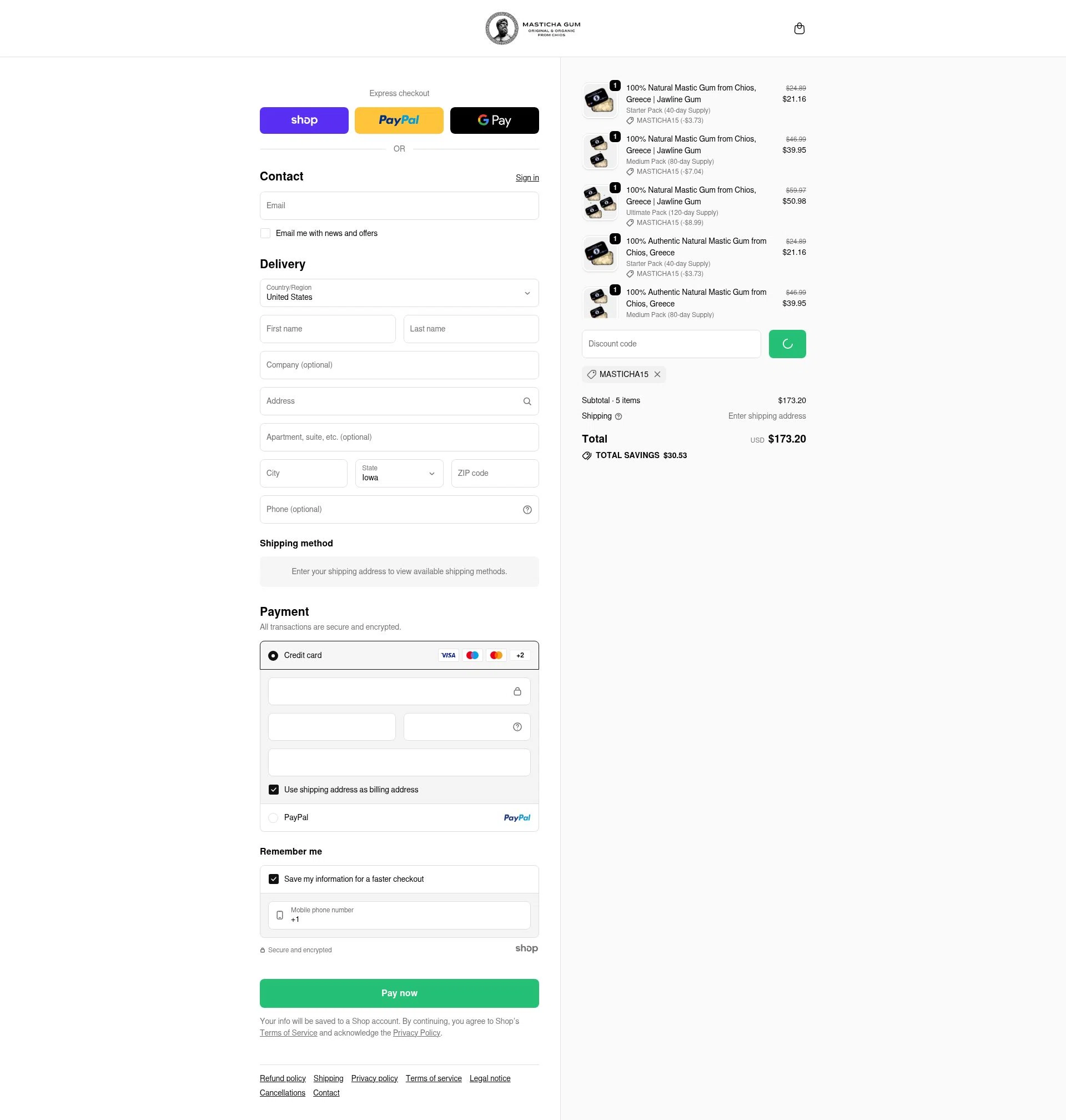 Masticha Gum checkout page showing Masticha Gum promo code box | Screenshot taken by SimplyCodes community member on Jan 23, 2026