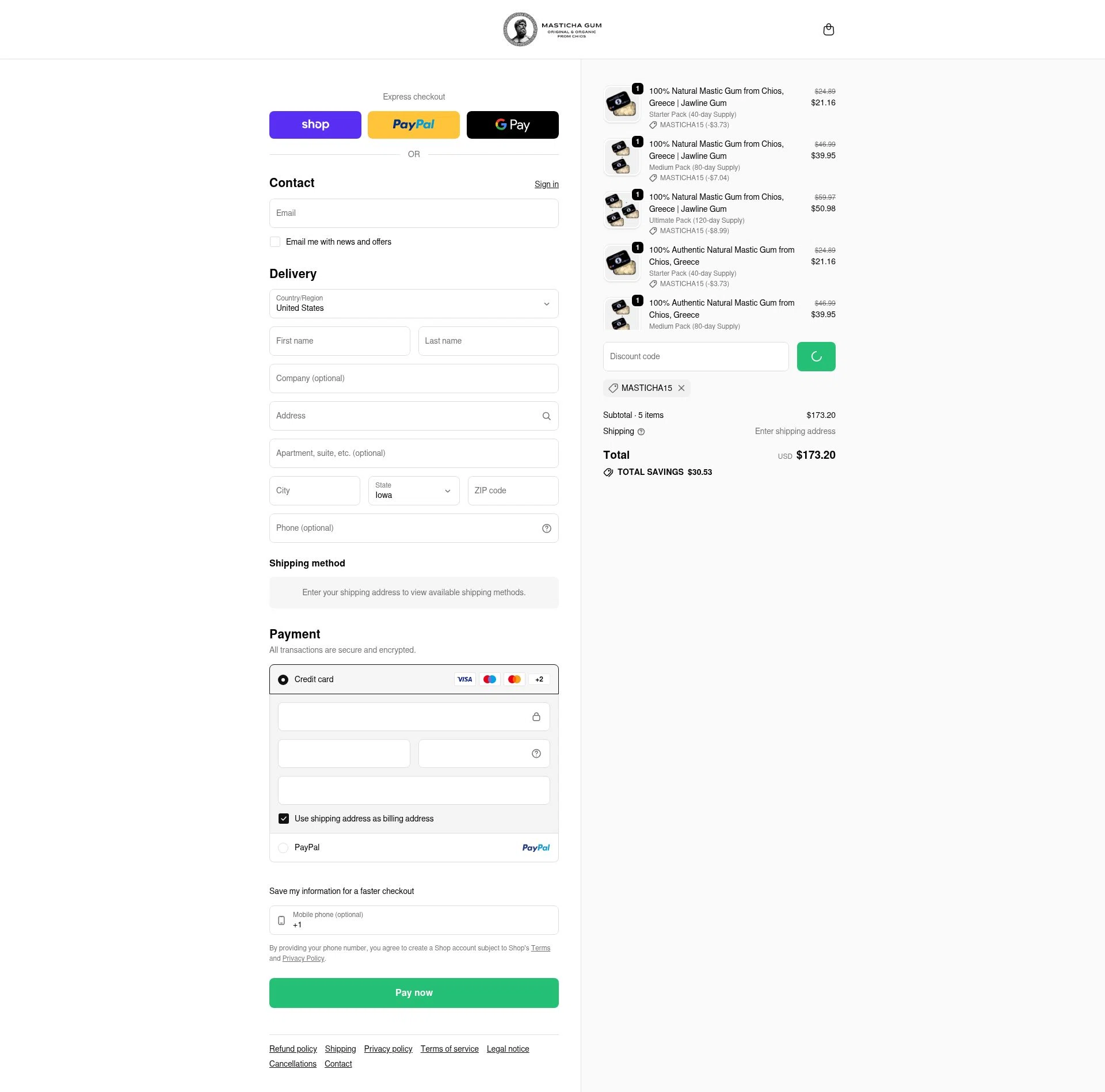 Masticha Gum checkout page showing Masticha Gum promo code box | Screenshot taken by SimplyCodes community member on Jan 13, 2026