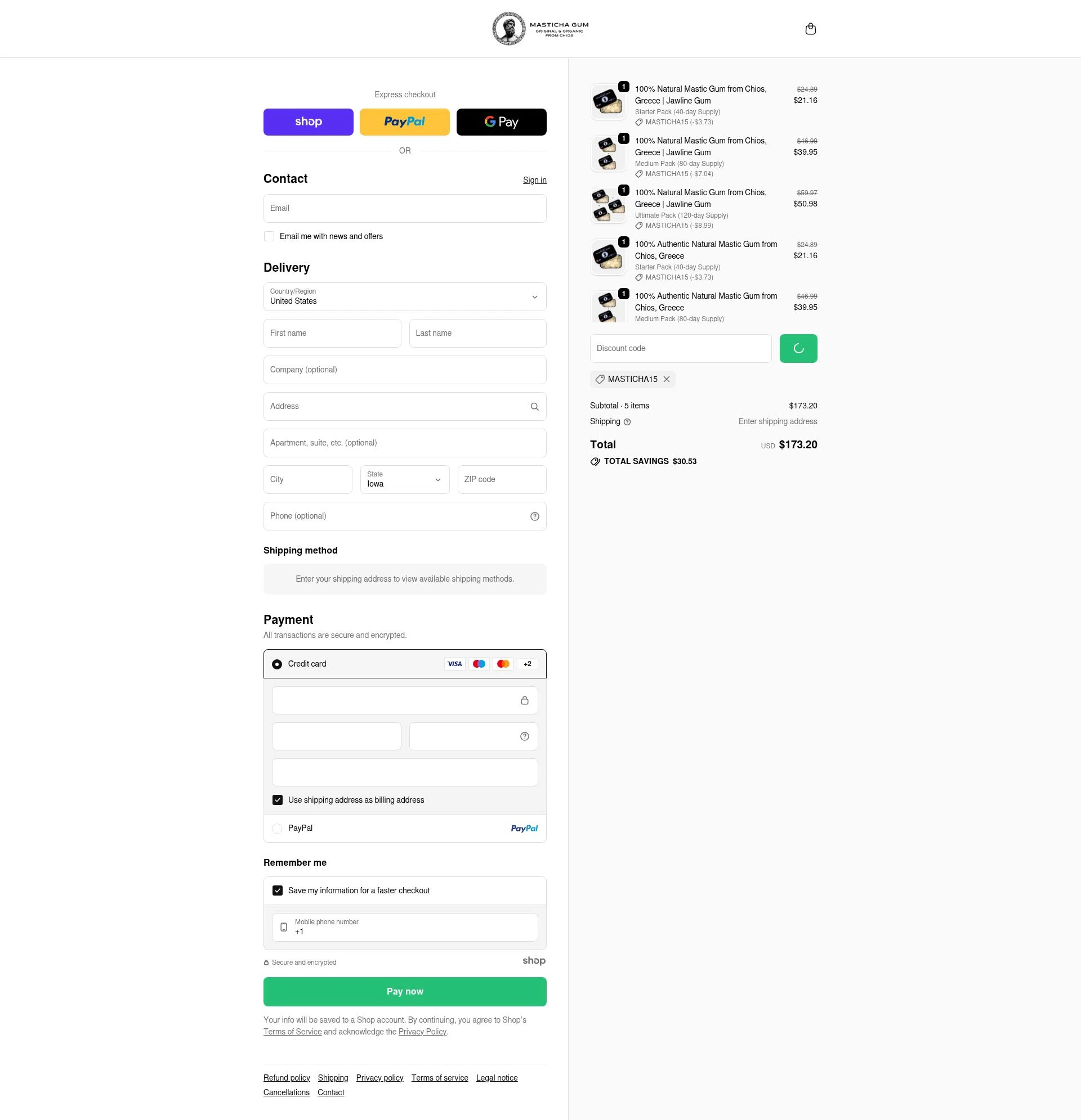Masticha Gum checkout page showing Masticha Gum promo code box | Screenshot taken by SimplyCodes community member on Dec 29, 2025