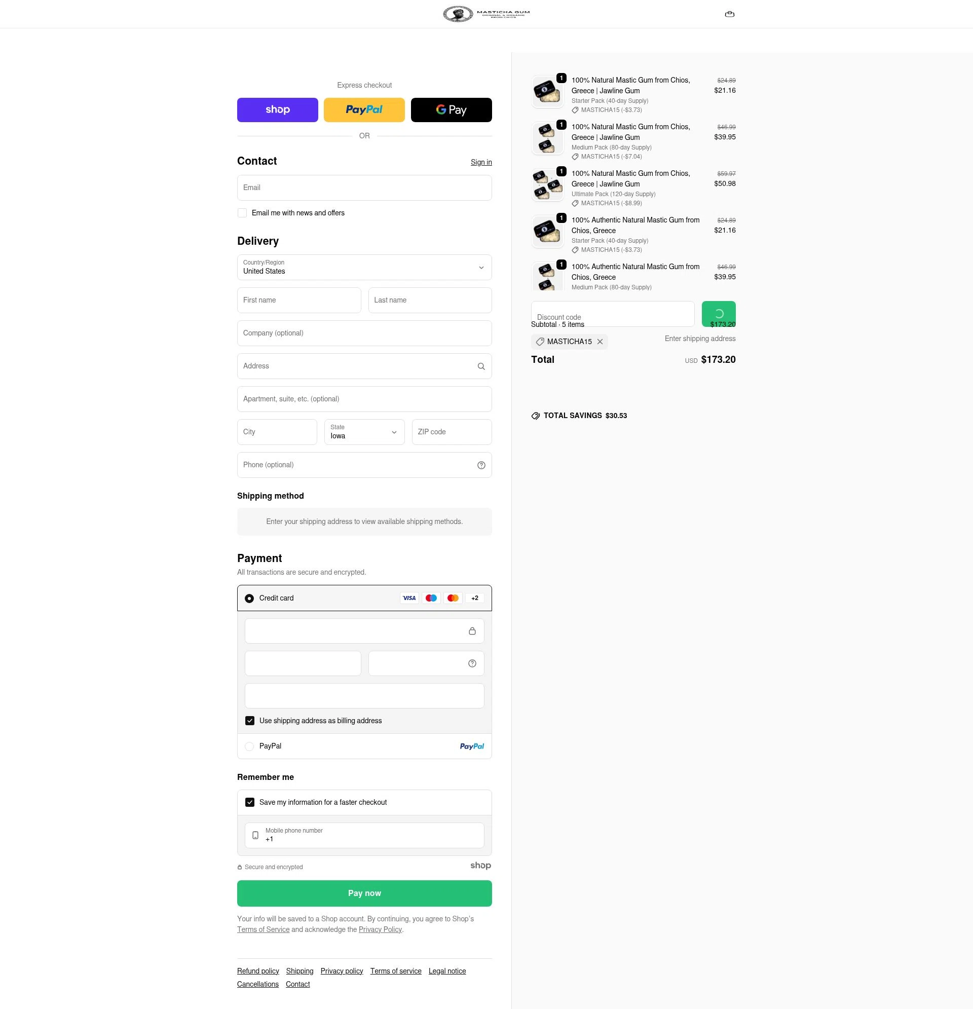 Masticha Gum checkout page showing Masticha Gum promo code box | Screenshot taken by SimplyCodes community member on Jan 8, 2026