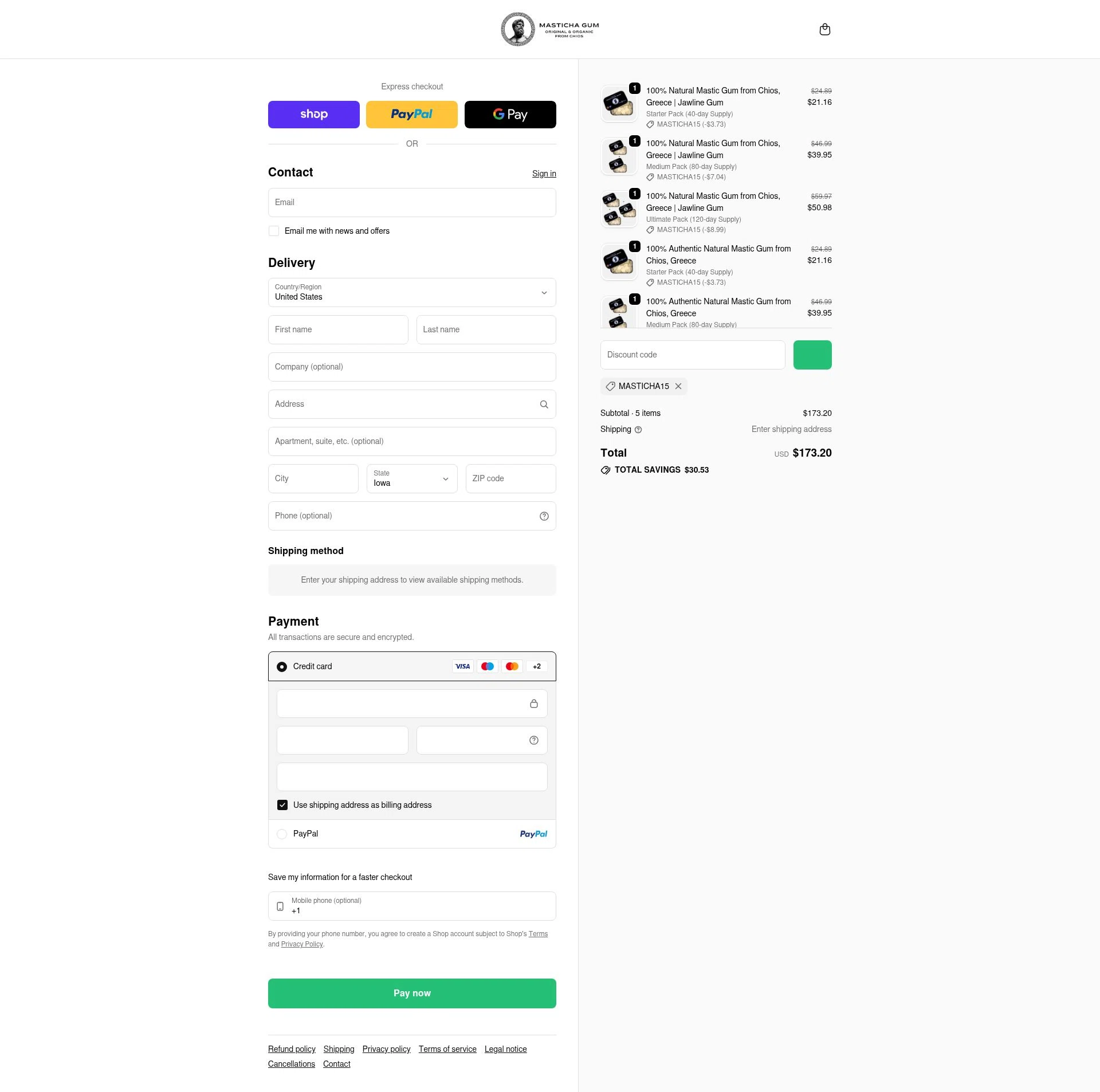 Masticha Gum checkout page showing Masticha Gum promo code box | Screenshot taken by SimplyCodes community member on Feb 1, 2026