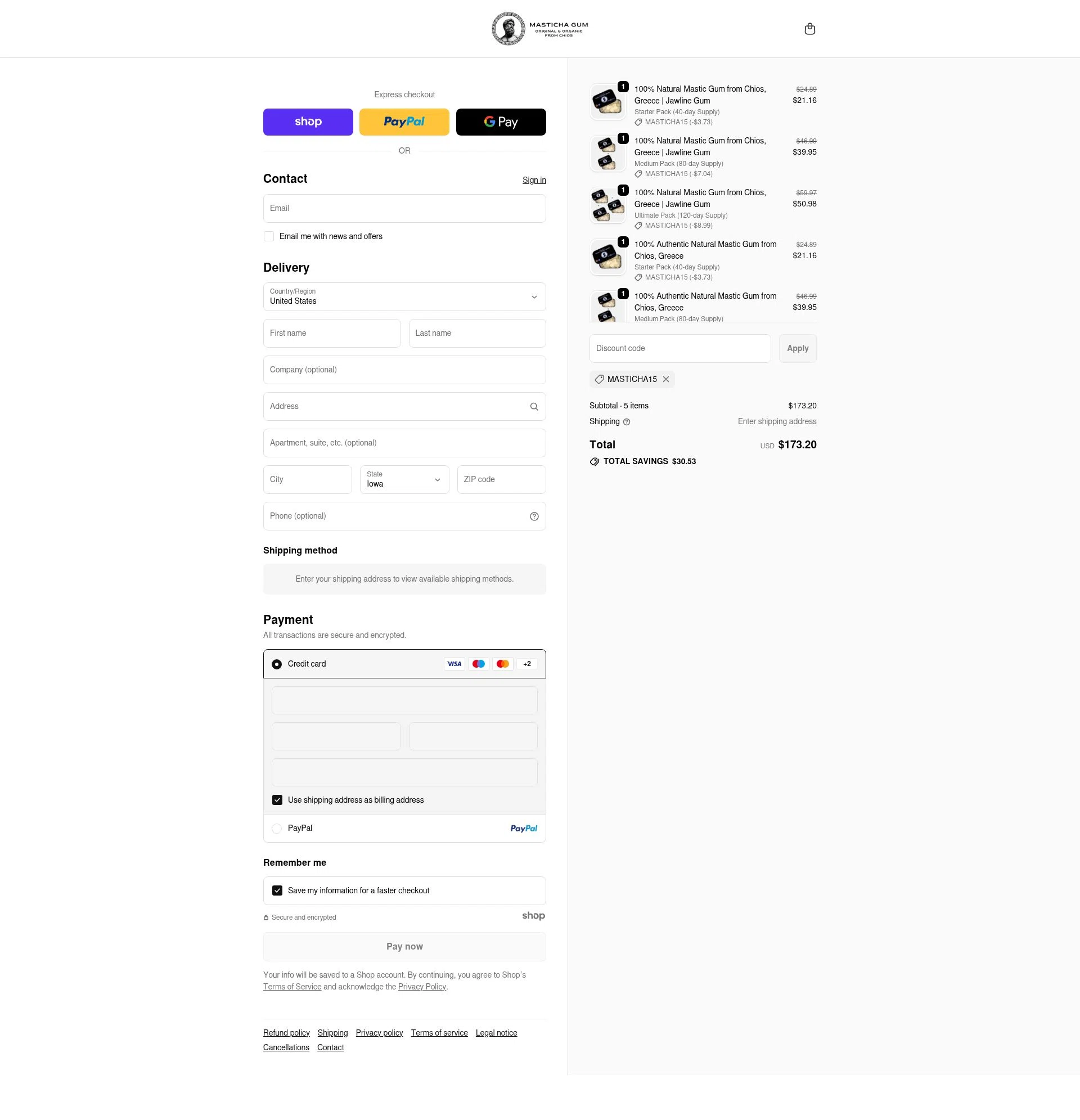 Masticha Gum checkout page showing Masticha Gum promo code box | Screenshot taken by SimplyCodes community member on Jan 18, 2026