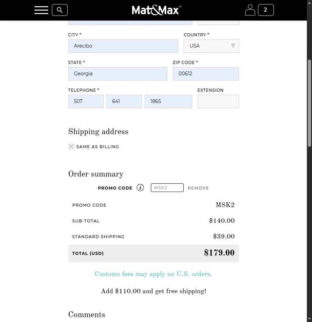 Mat&Max checkout page showing Mat&Max promo code box | Screenshot taken by SimplyCodes community member on Sep 22, 2025