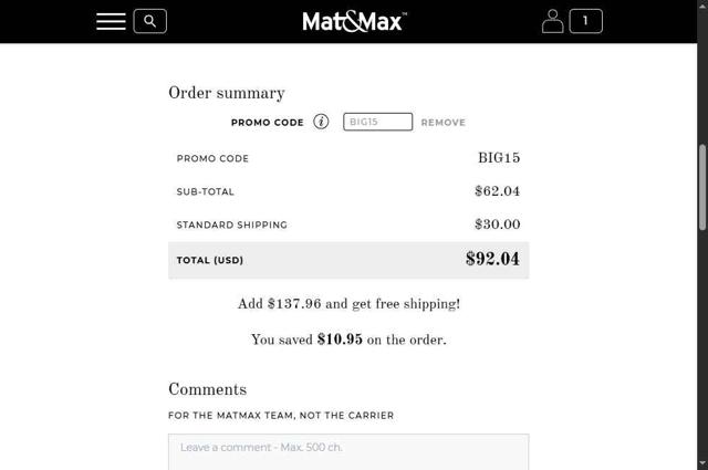 Mat&Max checkout page showing Mat&Max promo code box | Screenshot taken by SimplyCodes community member on Sep 12, 2025