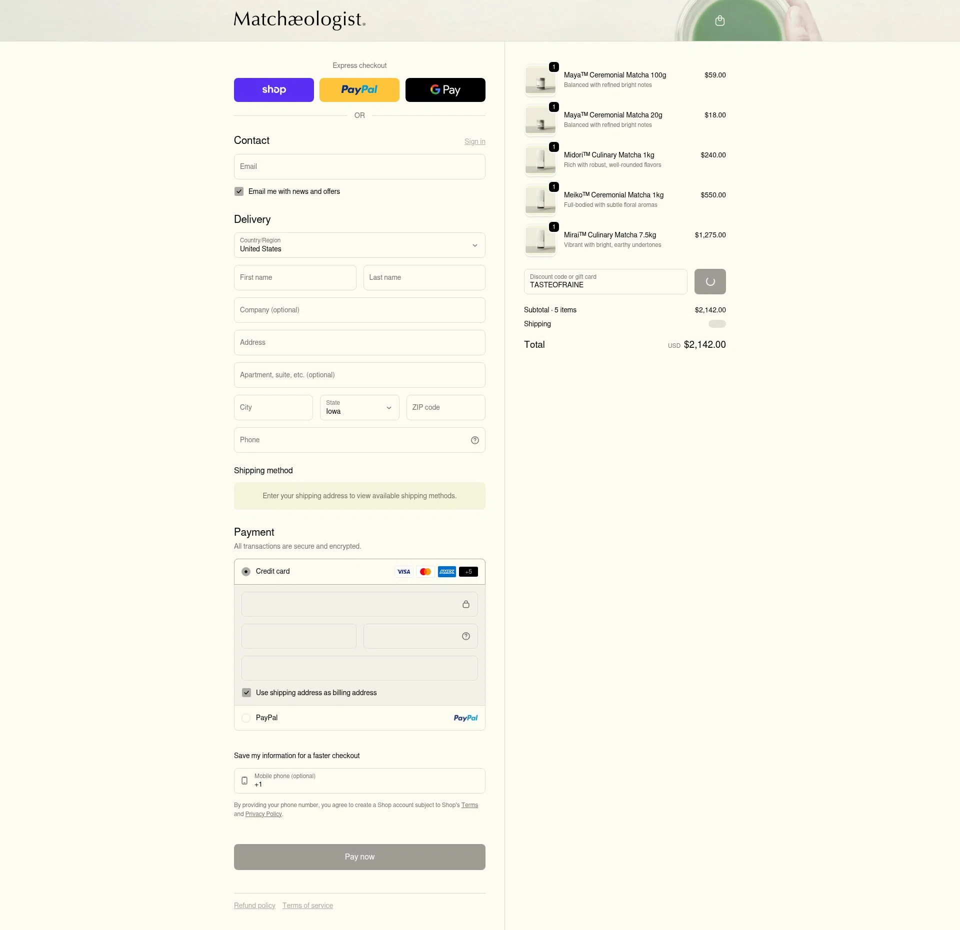 Matchaeologist checkout page showing Matchaeologist discount code box | Screenshot taken by SimplyCodes community member on Feb 4, 2026
