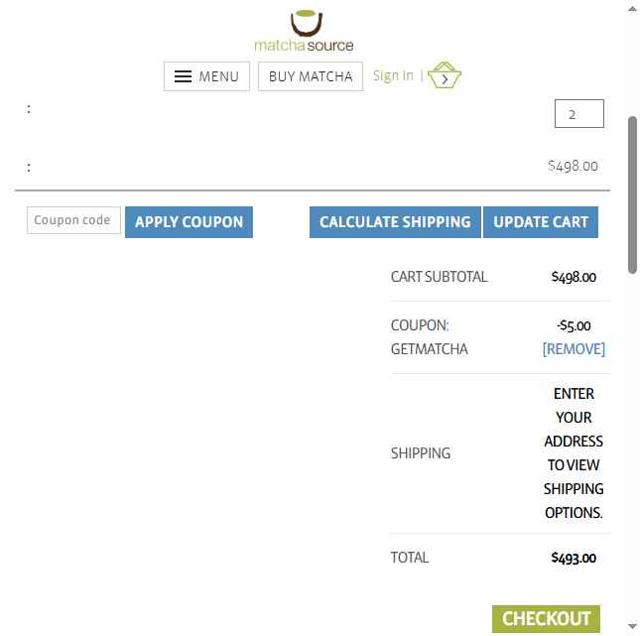 Matcha Source checkout page showing Matcha Source coupon code box | Screenshot taken by SimplyCodes community member on Aug 16, 2025