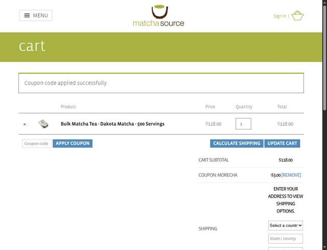 Matcha Source checkout page showing Matcha Source coupon code box | Screenshot taken by SimplyCodes community member on Aug 12, 2025