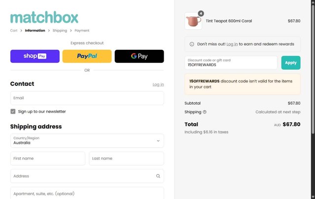 Matchbox checkout page showing Matchbox promo code box | Screenshot taken by SimplyCodes community member on May 8, 2025