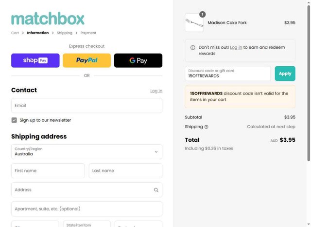 Matchbox checkout page showing Matchbox promo code box | Screenshot taken by SimplyCodes community member on May 8, 2025