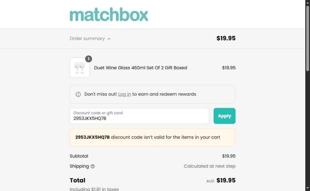 Matchbox checkout page showing Matchbox promo code box | Screenshot taken by SimplyCodes community member on May 10, 2025