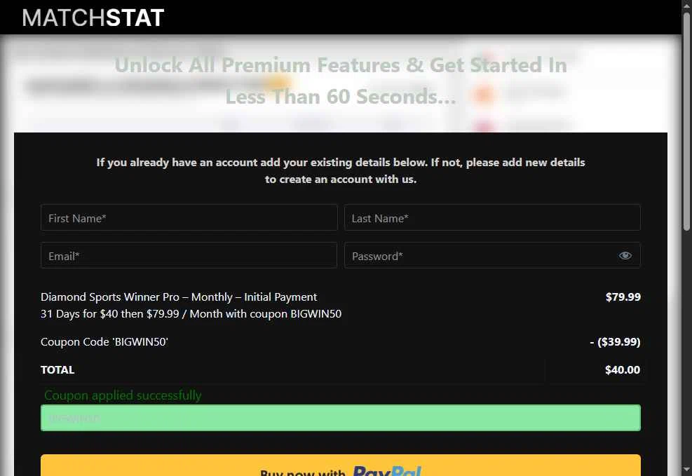 Matchstat checkout page showing Matchstat promo code box | Screenshot taken by SimplyCodes community member on May 13, 2025