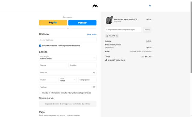 Matein checkout page showing Matein discount code box | Screenshot taken by SimplyCodes community member on Sep 9, 2025