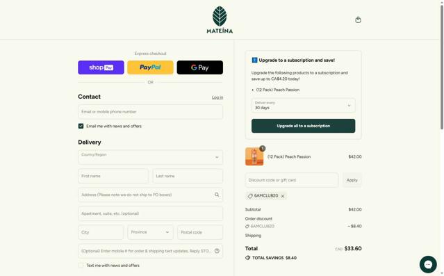 Mateina checkout page showing Mateina promo code box | Screenshot taken by SimplyCodes community member on Aug 19, 2025