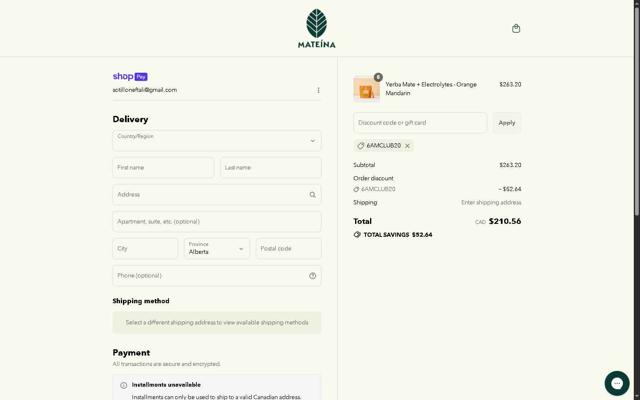 Mateina checkout page showing Mateina promo code box | Screenshot taken by SimplyCodes community member on Jul 21, 2025