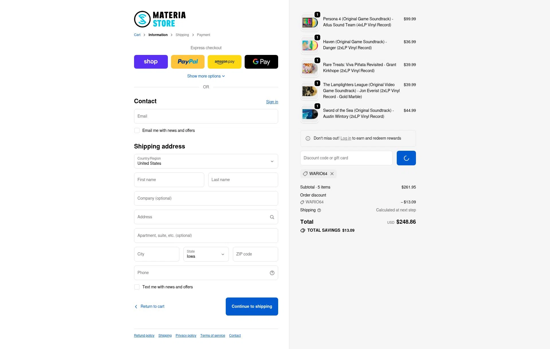 Materia Store checkout page showing Materia Store discount code box | Screenshot taken by SimplyCodes community member on Feb 6, 2026