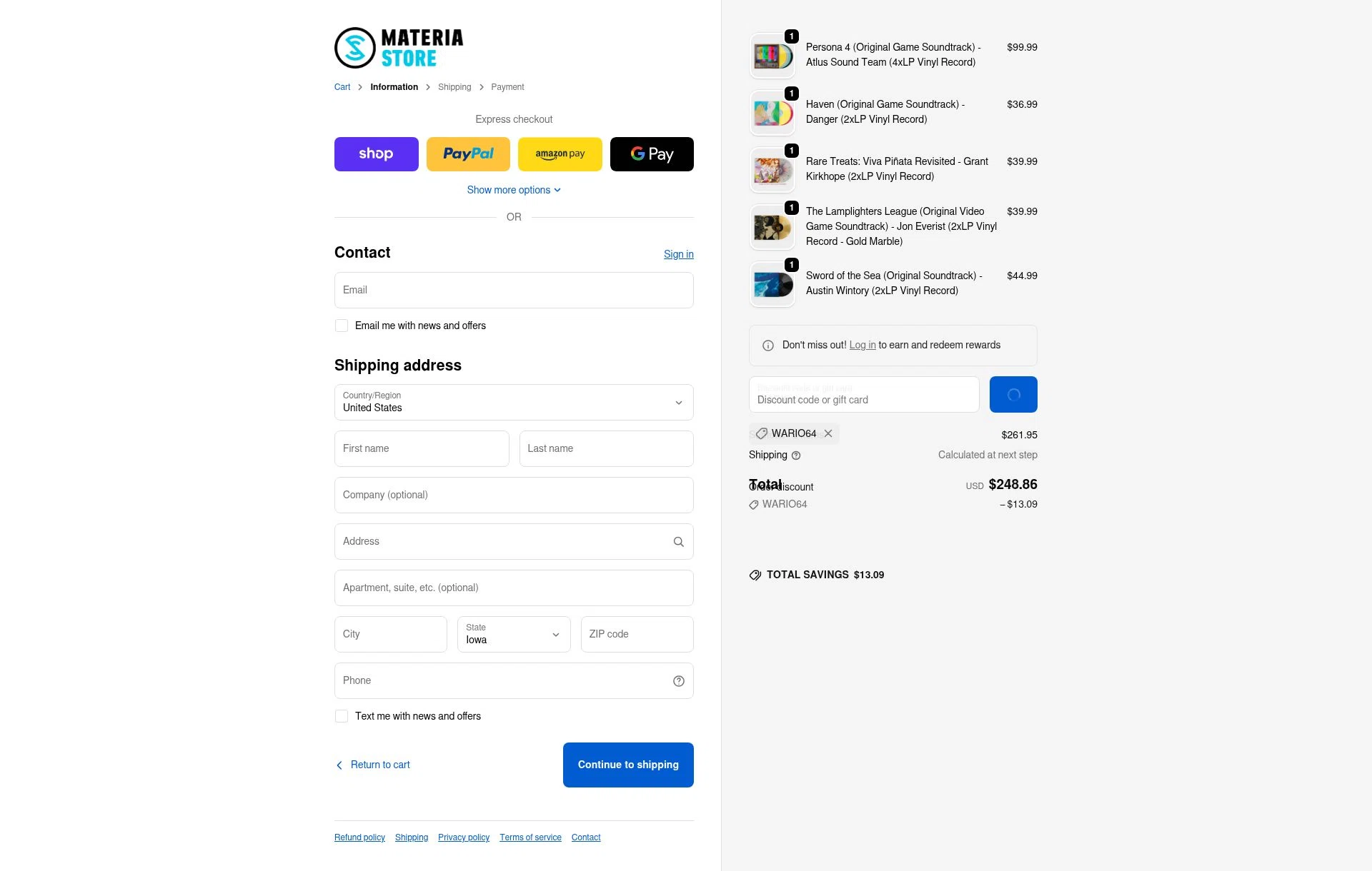 Materia Store checkout page showing Materia Store discount code box | Screenshot taken by SimplyCodes community member on Feb 1, 2026