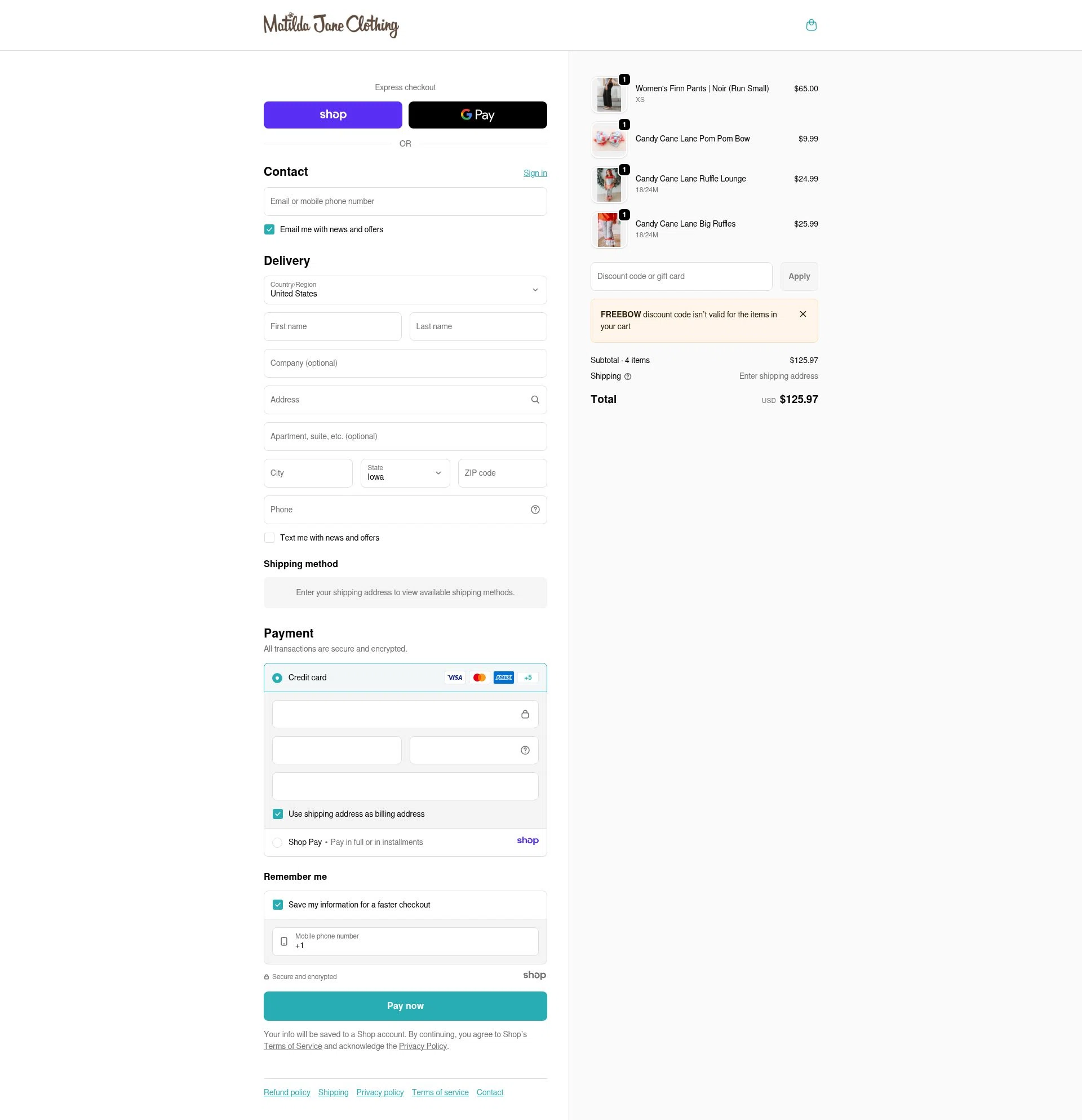 Matilda Jane Clothing checkout page showing Matilda Jane Clothing coupon code box | Screenshot taken by SimplyCodes community member on Jan 15, 2026