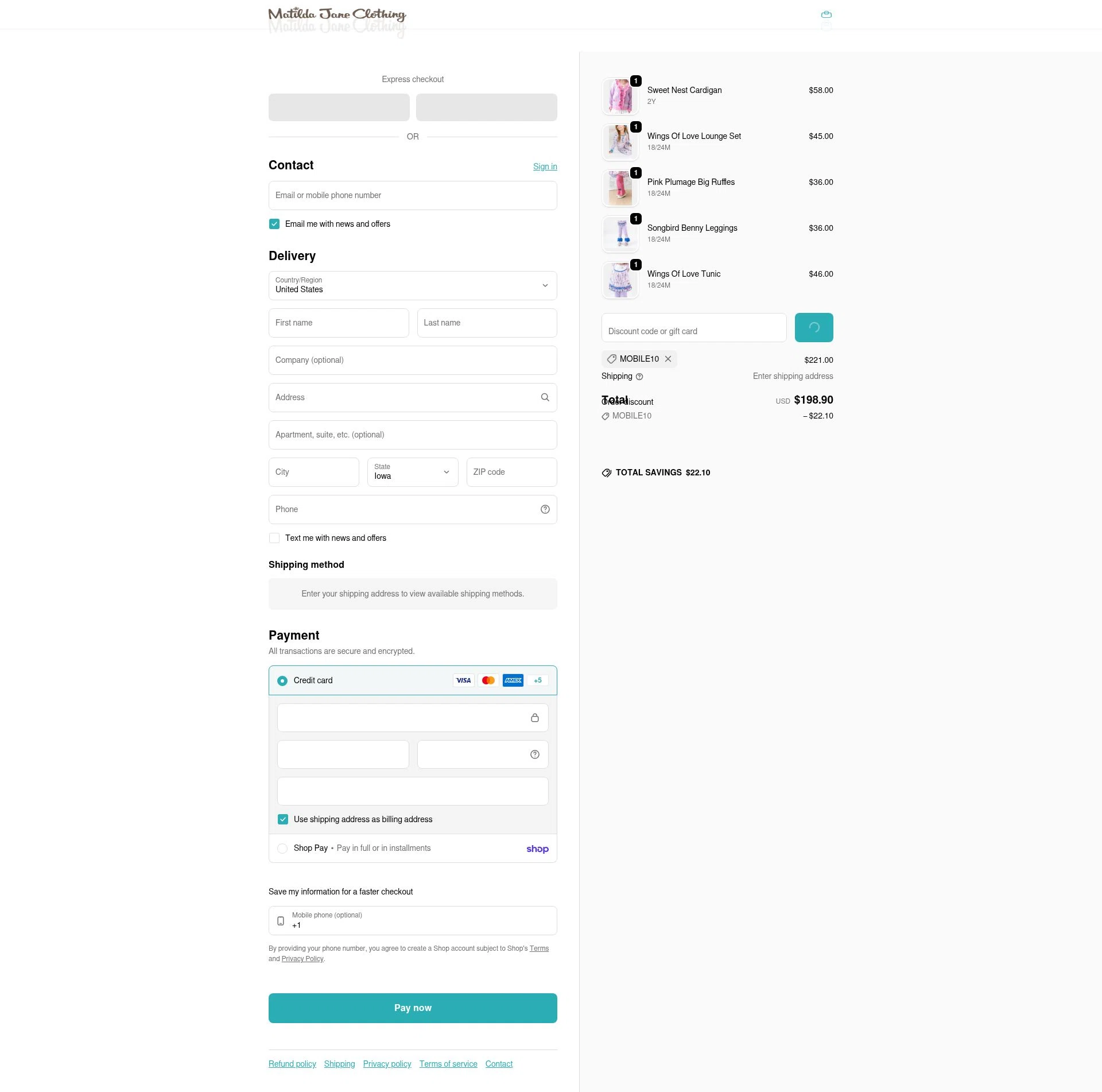 Matilda Jane Clothing checkout page showing Matilda Jane Clothing coupon code box | Screenshot taken by SimplyCodes community member on Feb 7, 2026