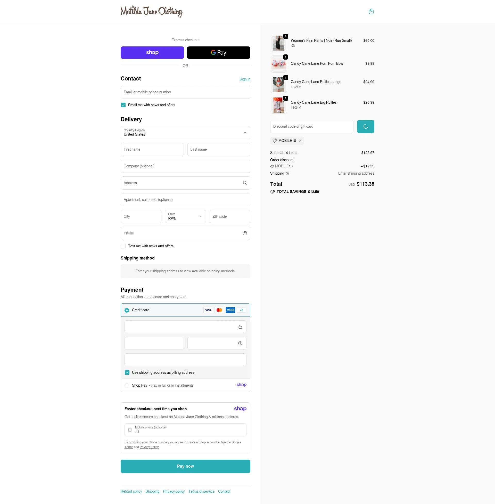 Matilda Jane Clothing checkout page showing Matilda Jane Clothing coupon code box | Screenshot taken by SimplyCodes community member on Jan 20, 2026