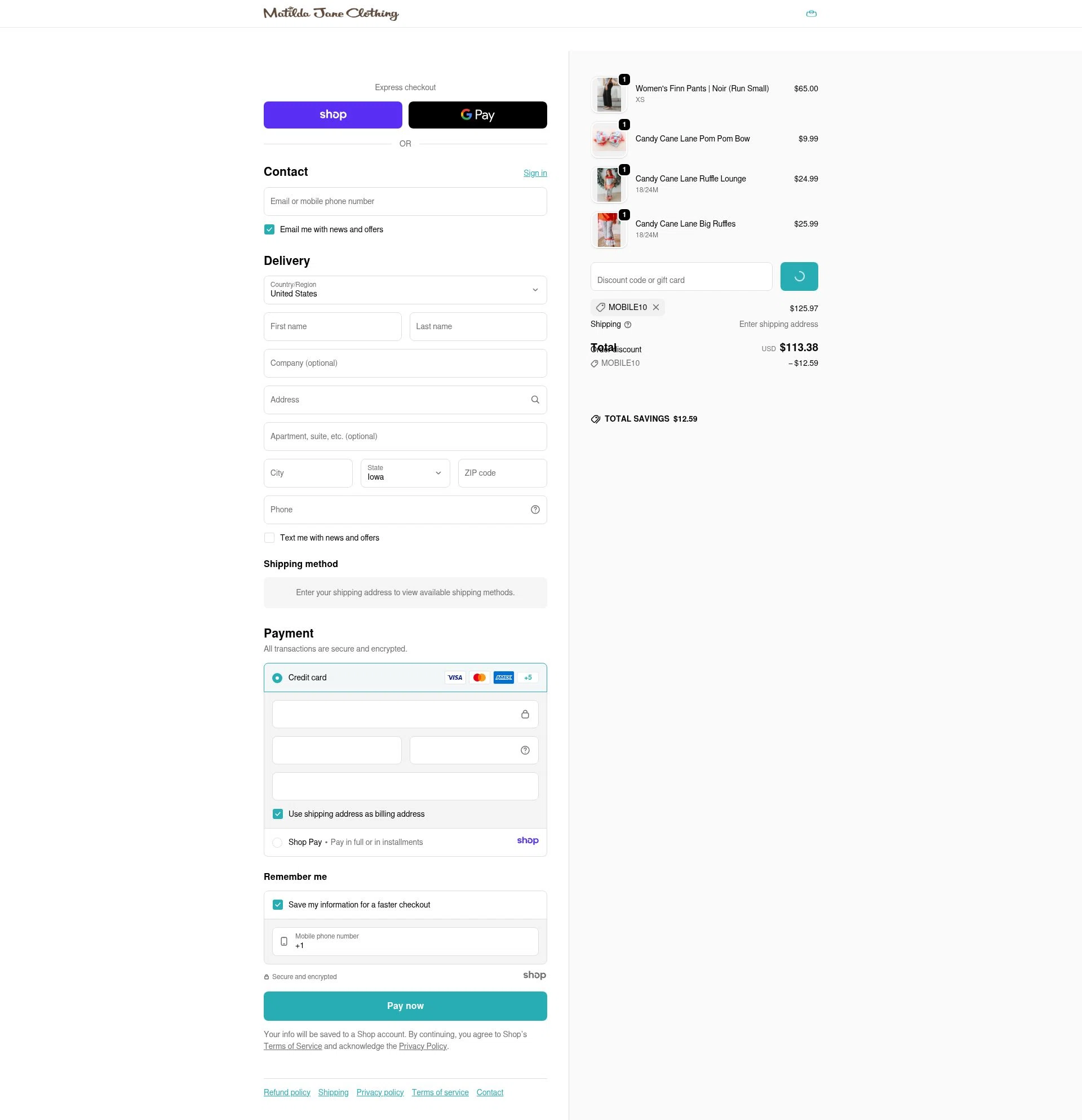 Matilda Jane Clothing checkout page showing Matilda Jane Clothing coupon code box | Screenshot taken by SimplyCodes community member on Jan 15, 2026