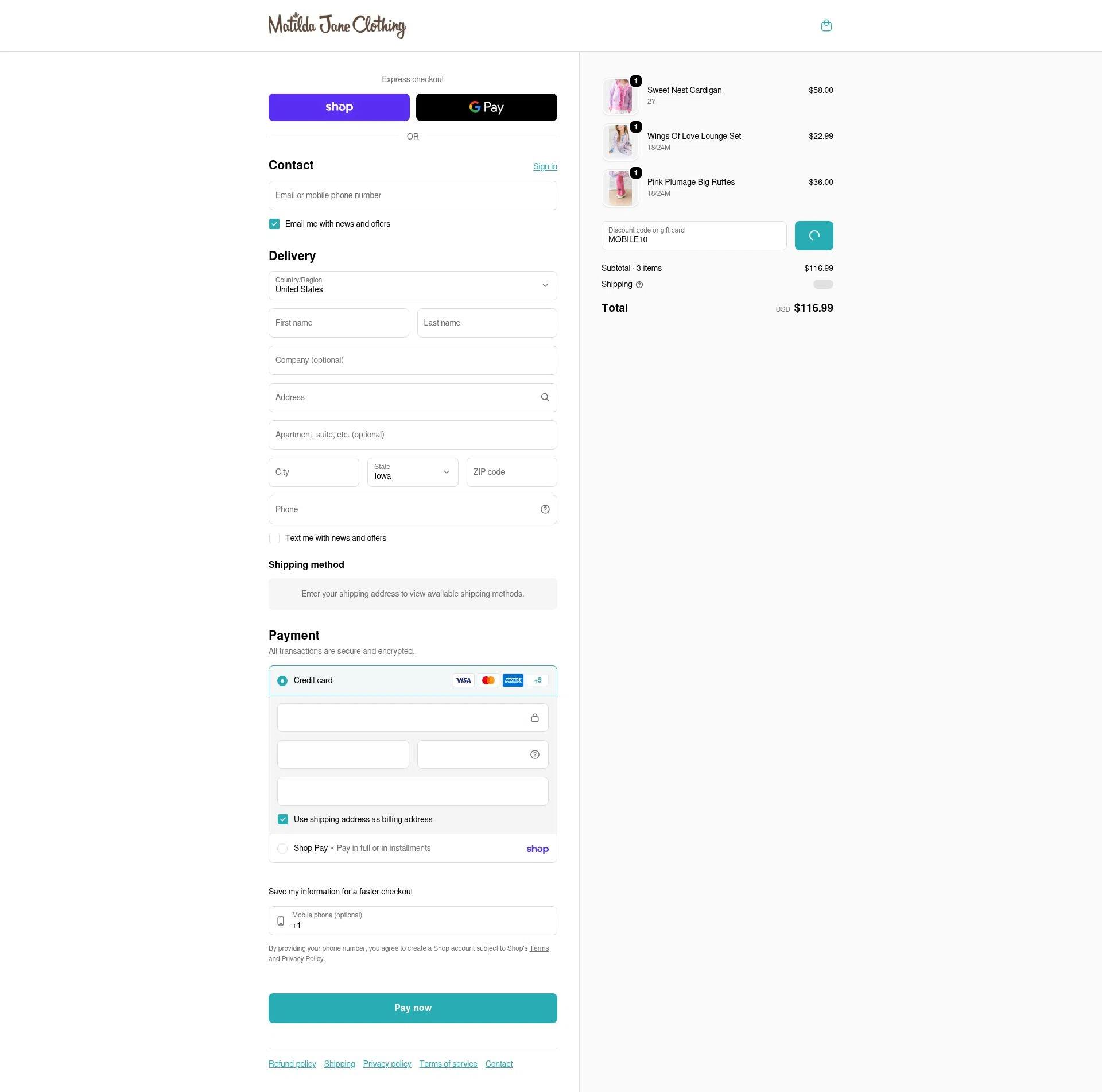 Matilda Jane Clothing checkout page showing Matilda Jane Clothing coupon code box | Screenshot taken by SimplyCodes community member on Feb 11, 2026