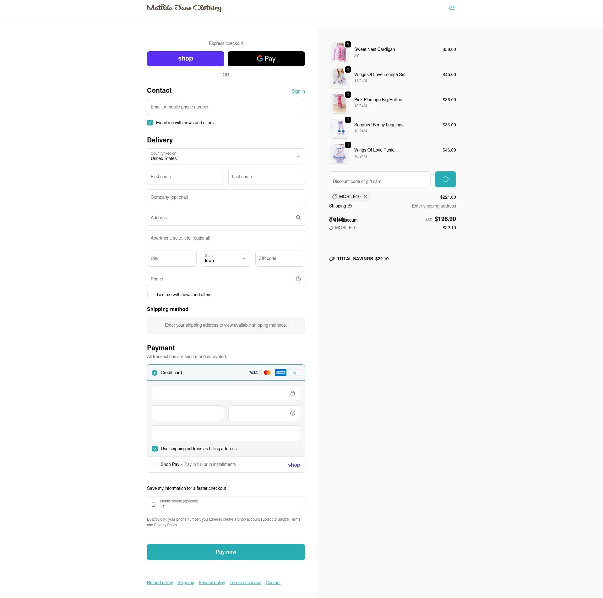 Matilda Jane Clothing checkout page showing Matilda Jane Clothing coupon code box | Screenshot taken by SimplyCodes community member on Feb 2, 2026
